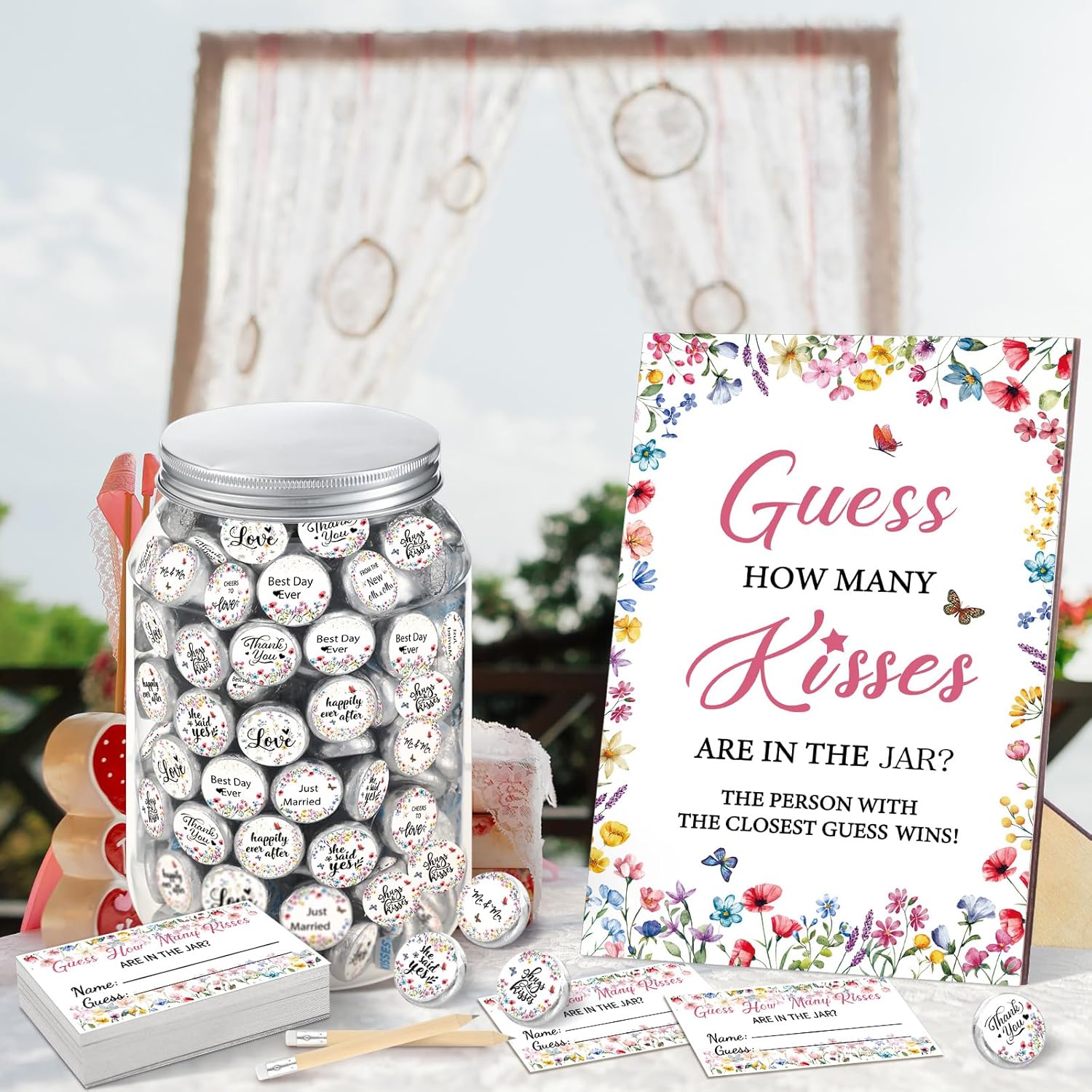 242 Pcs Guess How Many Kisses Bridal Shower Games 1 Standing Sign 50 Guessing Cards 180 Wildflower Kisses Stickers 10 Pencils 1 Jar For Bridal Shower And Weddings