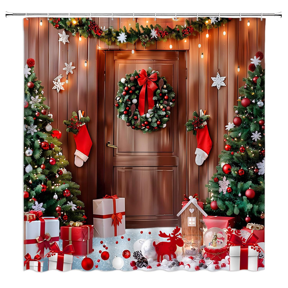 Rustic Christmas Shower Curtain Winter Xmas Tree Farmhouse Wooden Barn Door Wreath Funny Holiday Fabric Bathroom Decor Sets With Hooks