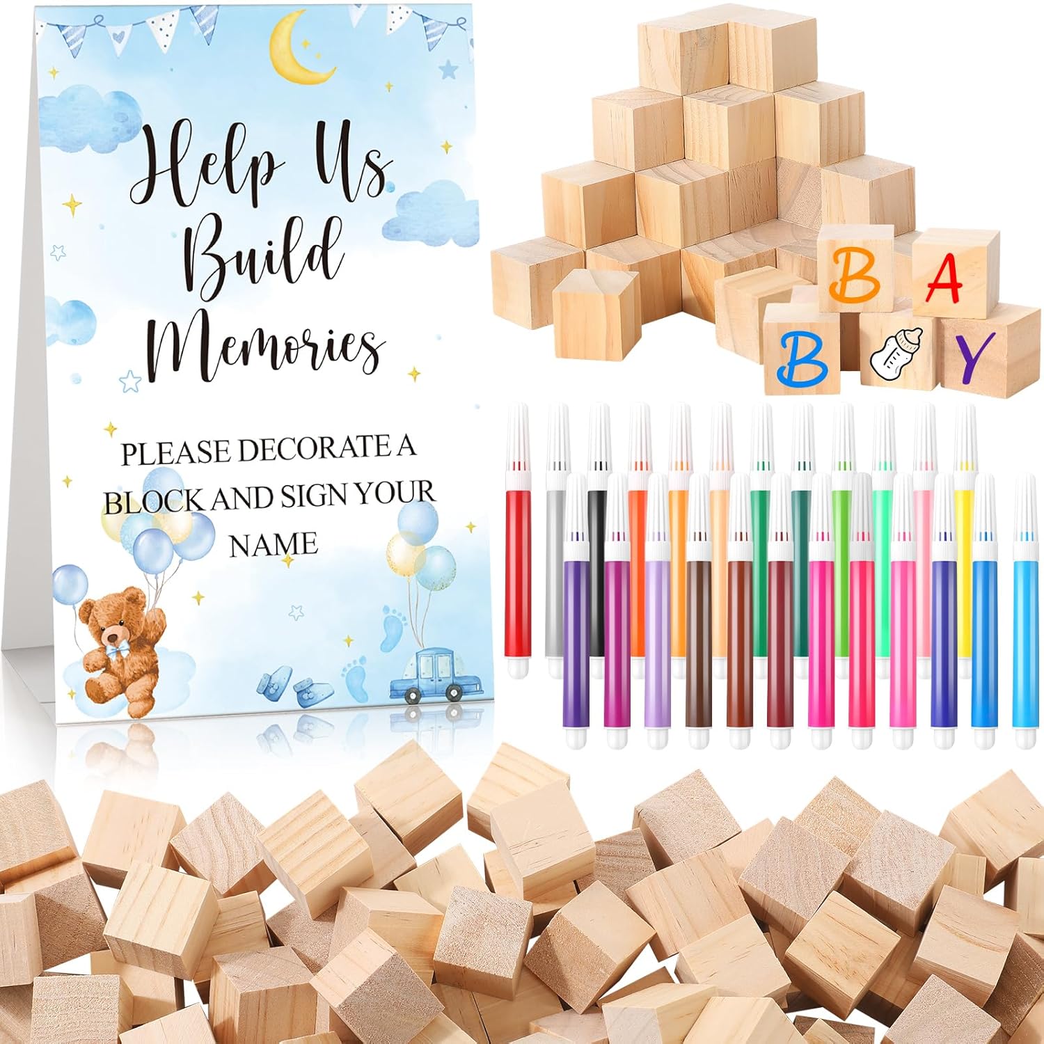 125 Pcs Baby Shower Decorate A Block Game Set Includes Help Us Build Memories Sign 100 Diy Blank Wooden Block 24 Paint Marker Prize For Wedding Baby Shower Game(Bear)