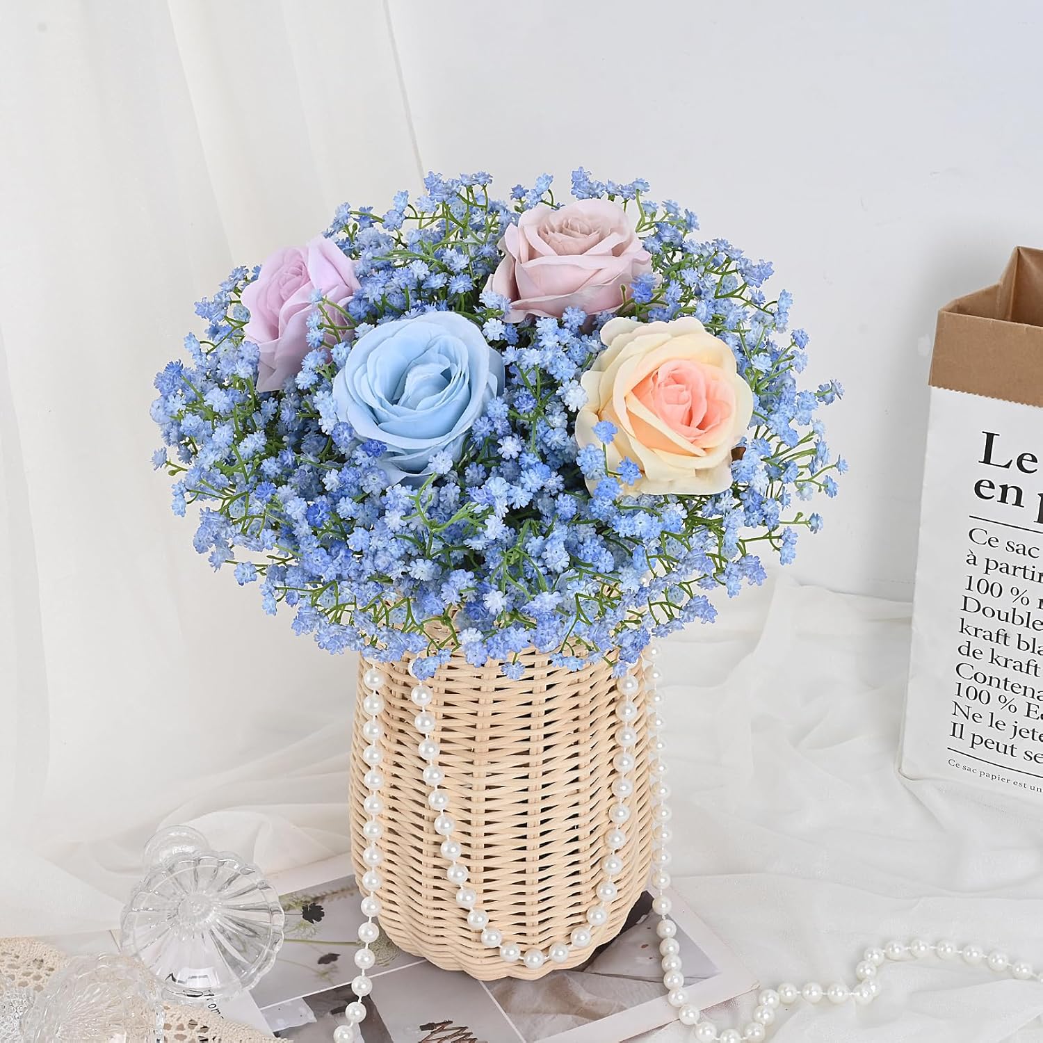 5 Pcs Babys Breath Artificial Flowers, Blue Long Stem Baby Breath Flowers Artificial Bulk, Real Touch Fake Babys Breath Gypsophila For Wedding Bridal Bouquet Party Arrangements Home Decor