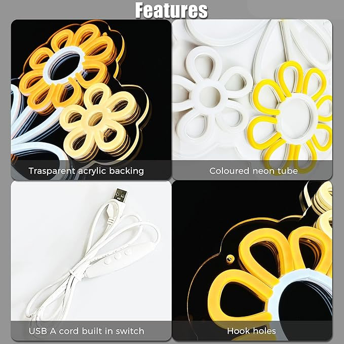 Daisy Flower Neon Sign LED Boho Wall Light 13.39 x 13.23 Inch Warm Cool White Yellow Acrylic Decor