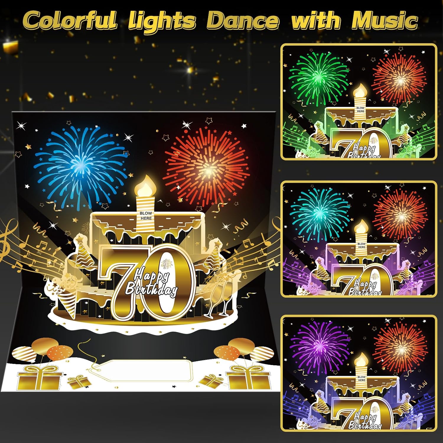 70Th Birthday Cards Pop Up 3D Cake - Firework & Music & Blow Out Candle Light Funny Happy 70 Black Gold Birthday Card Gifts For Men, Women, Friends, Boyfriend, Dad, Mom, Husband, Wife