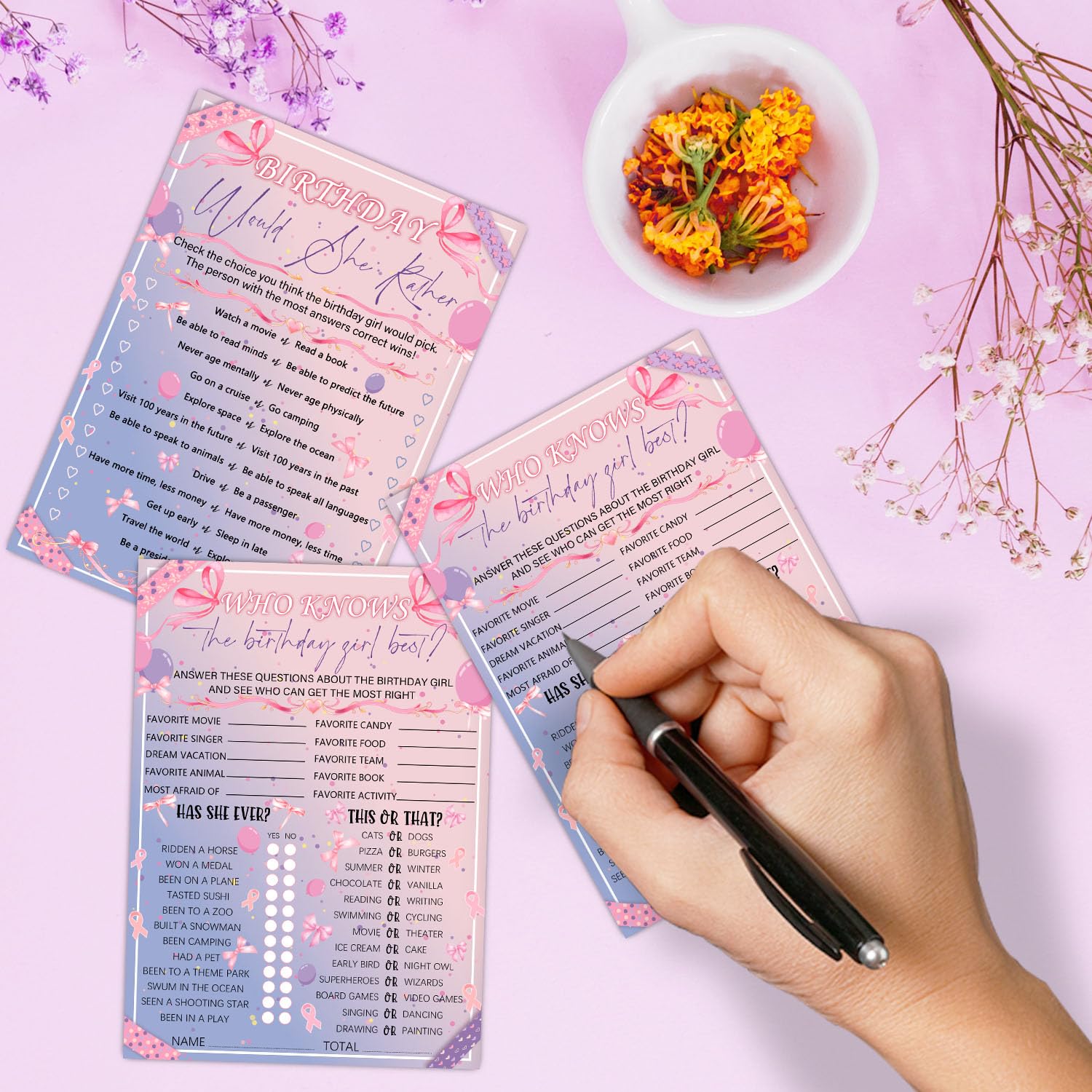 Who Knows The Birthday Best - Pink Purple Party Games Card Set - Sleepover Slumber Party Supplies - Birthday Night Games Creative Idea - 20 Game Cards