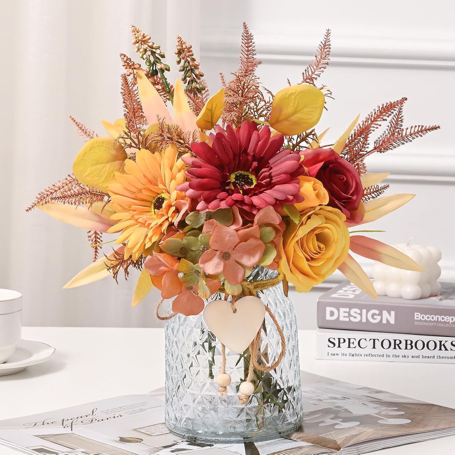 Artificial Dahlia Flowers With Vase, Silk Fall Flowers In Vase - Fall Decor For Home Centerpieces, Thanksgiving Party, Rustic Wedding