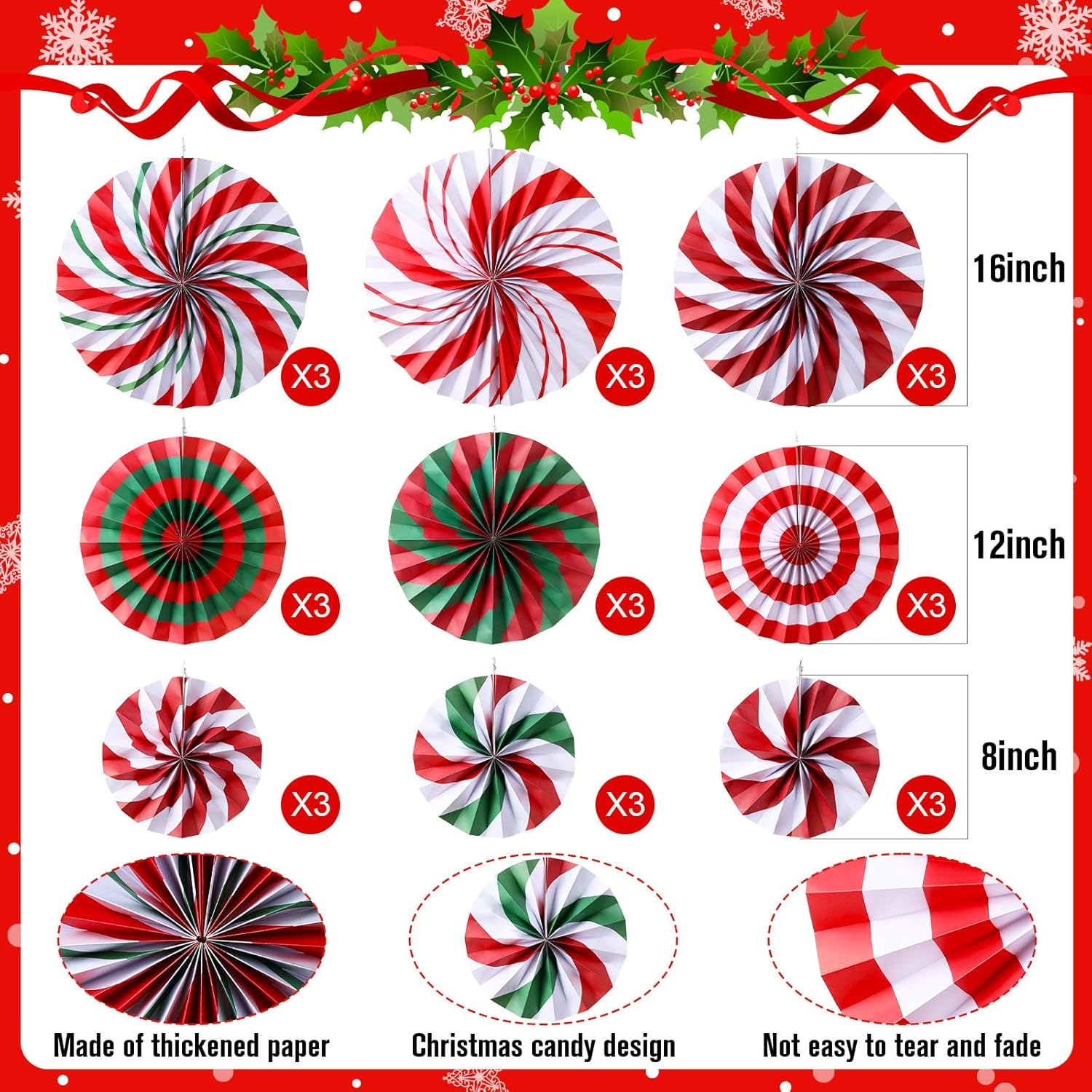 Christmas Hanging Decorations Candy Paper Fans Peppermint Hanging Paper Fans Candy Cane Ceiling Wall Decor For Christmas Party Classroom Birthday Party(9 Pcs,Sweet)