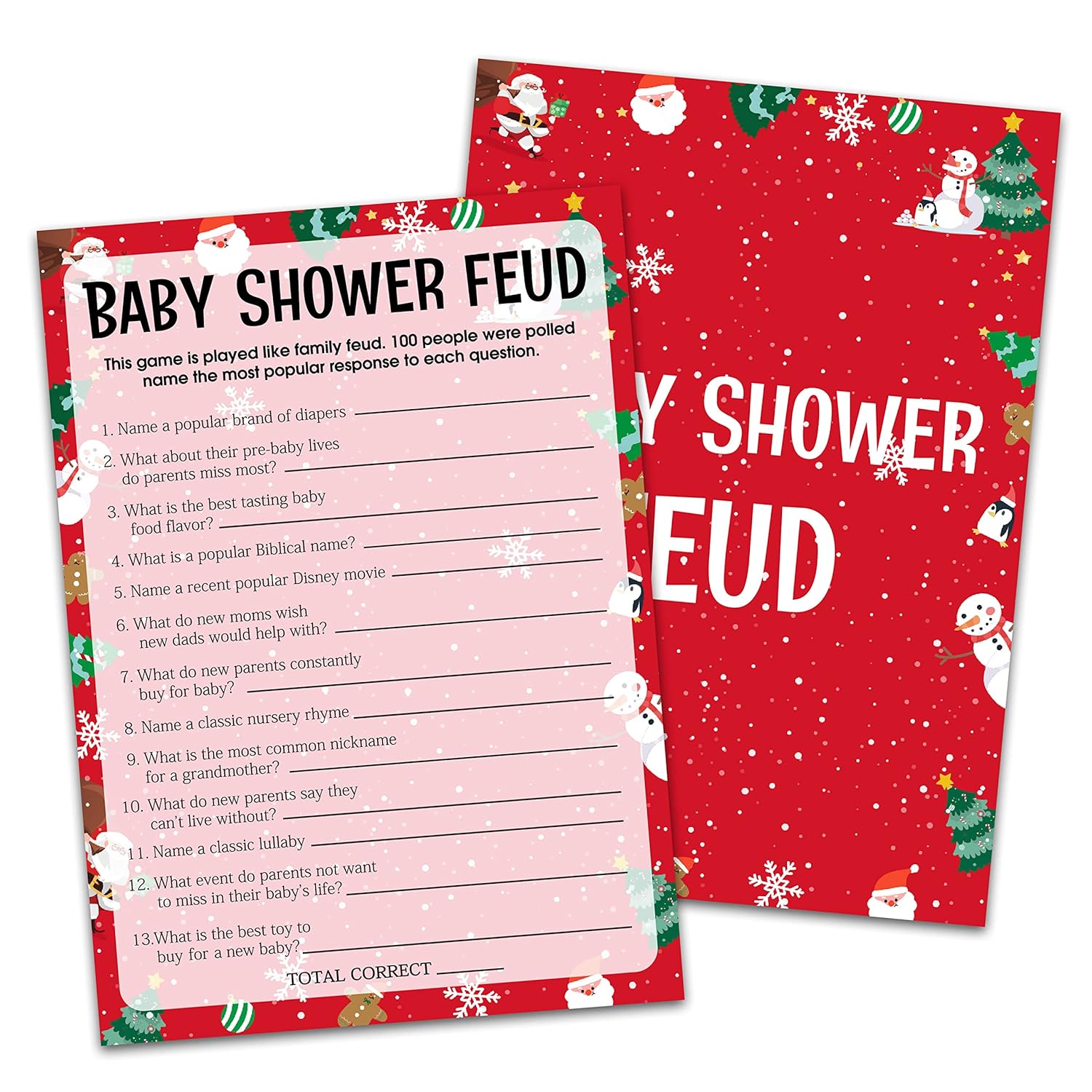 Baby Shower Game Cards, Baby Shower Feud Game, Christmas Party Cards For Gender Neutral Adults, Set Of 30 (Chris004)