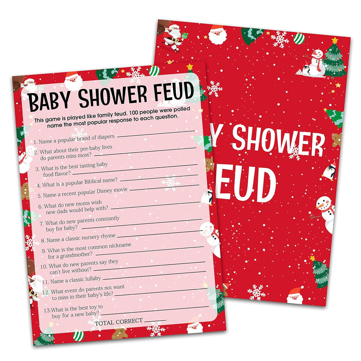 Baby Shower Game Cards, Baby Shower Feud Game, Christmas Party Cards For Gender Neutral Adults, Set Of 30 (Chris004)