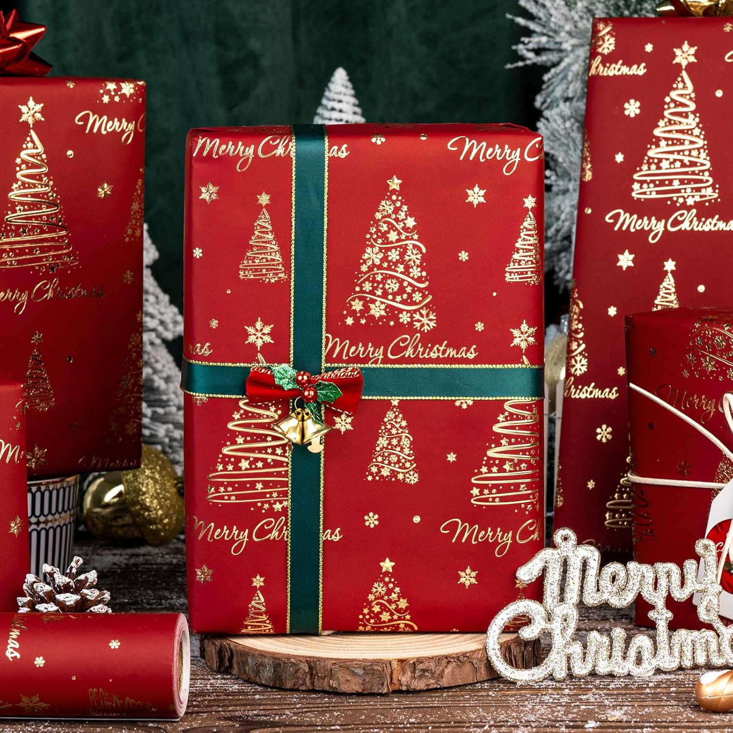 Red Christmas Wrapping Paper Roll - 3D Embossed Trees And Letters With Gold Foil Metallic Shine Gift Wrap For Christmas, New Year Celebration, Holiday - Mini Roll - 17 Inch X 33 Feet