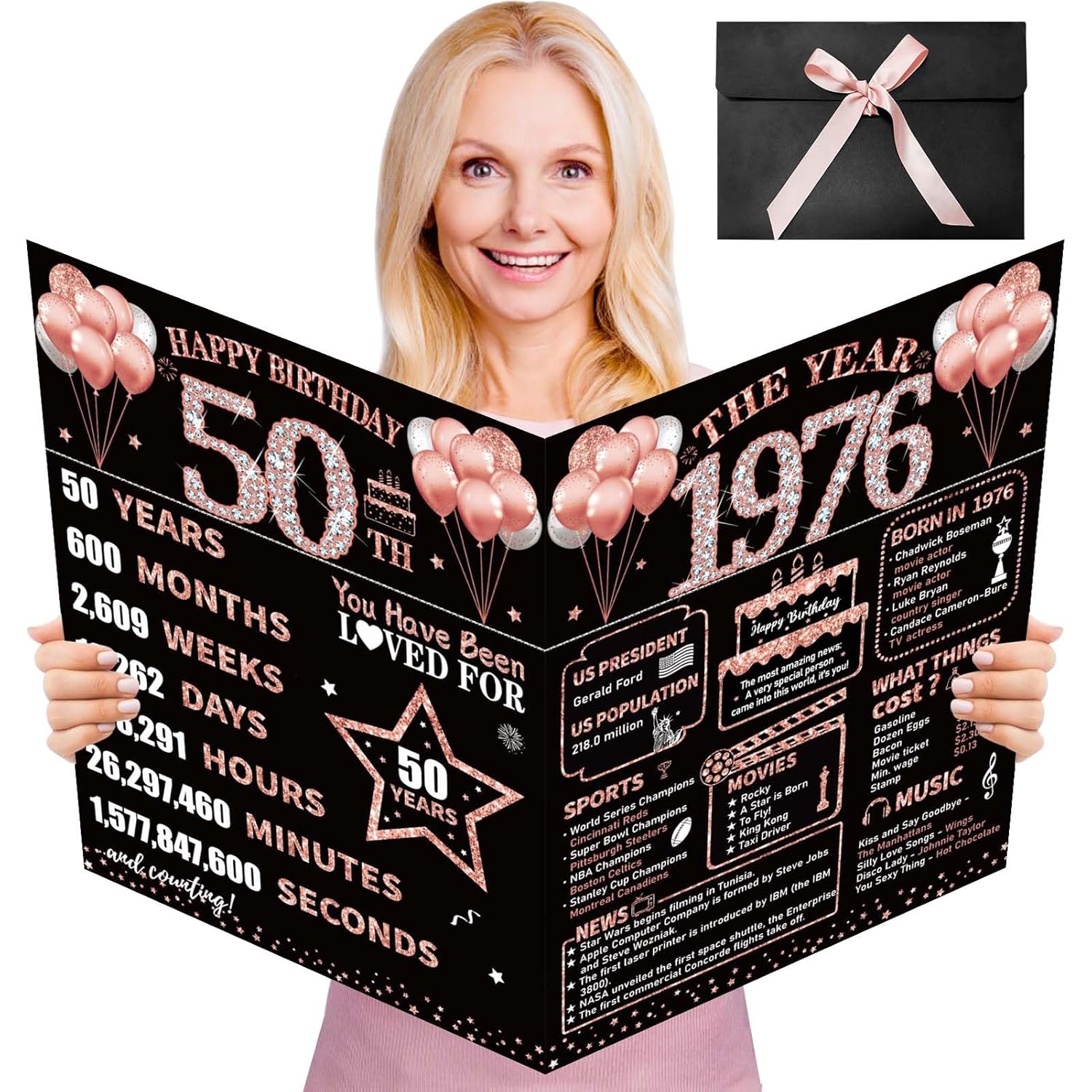 Large 50Th Birthday Card With Envelope, Happy 50Th Birthday Decorations For Women, 1976 Jumbo Birthday Greeting Card, Fifty Birthday Gifts For Her, Rose Gold