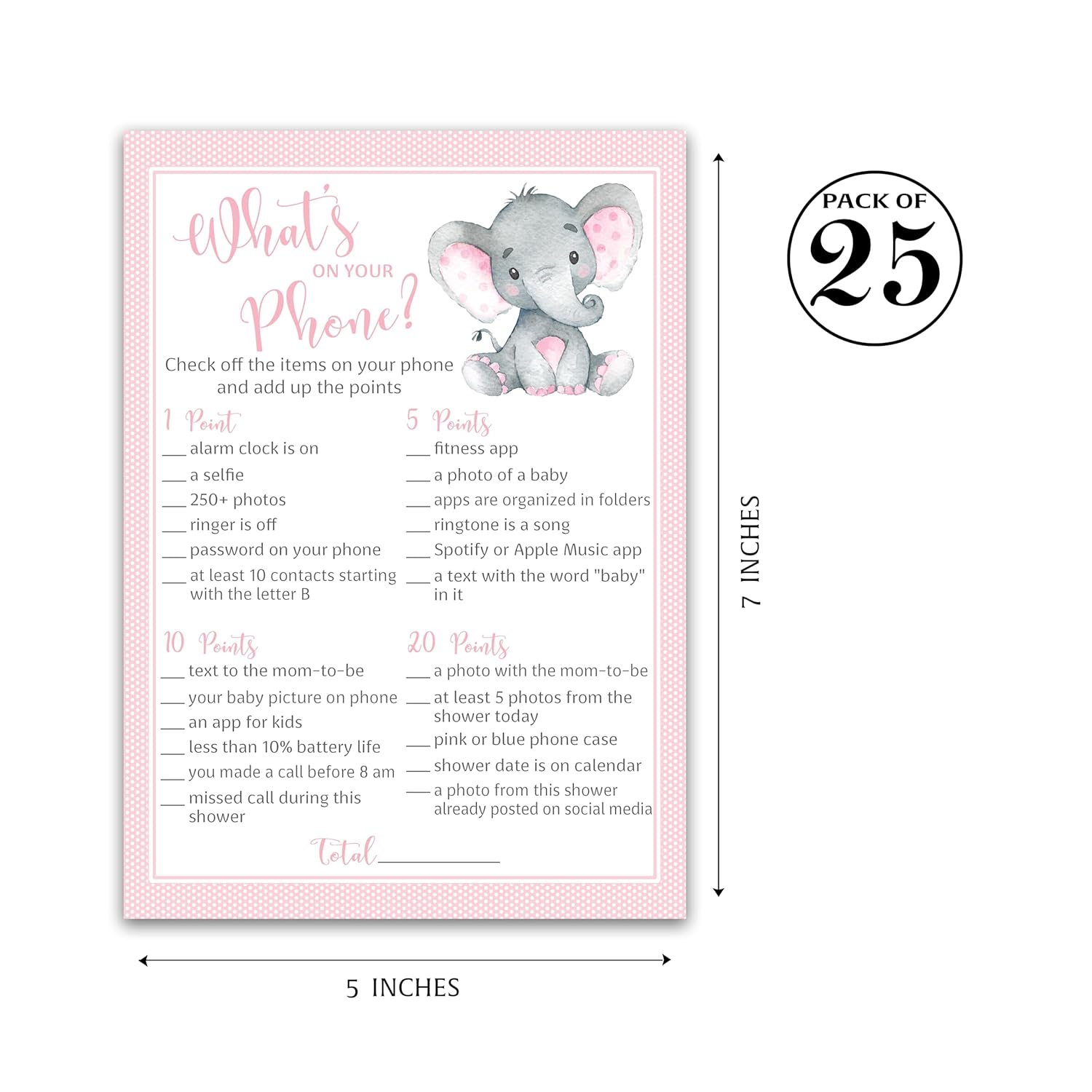 What'S On Your Phone Baby Shower Game — Pack Of 25 — Girl Pink Elephant Baby Shower Games, Cute Pink Polka Dot Baby Elephant Little Peanut Theme, Baby Girl Shower Activity G500-Phn