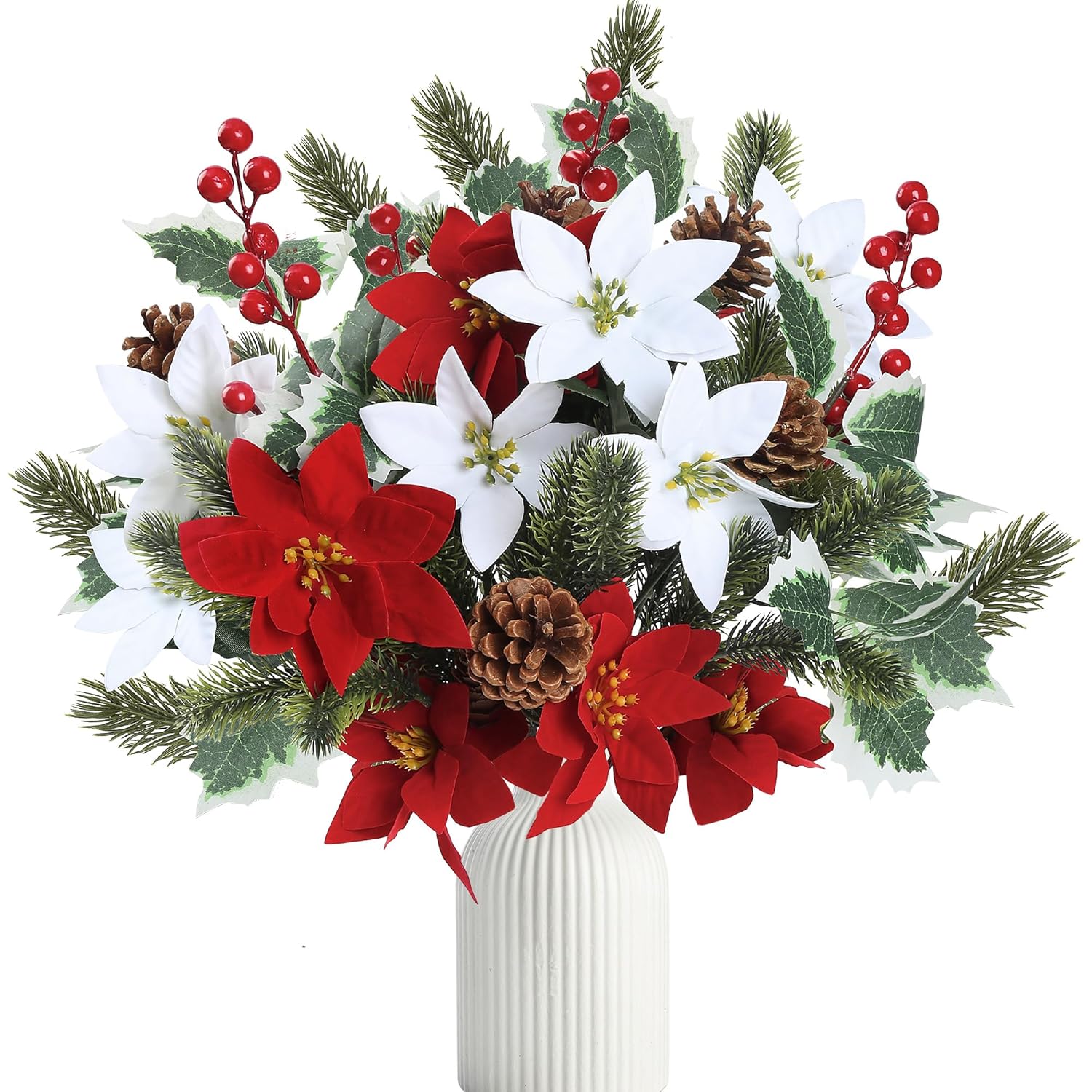 14Pcs Christmas Flowers Artificial Poinsettia Bouquet 18’’ Pine Branches Red Berry Stems Holly Leave Picks With Pinecones For Home Porch Garden Indoor Outdoor Holiday Xmas Decorations