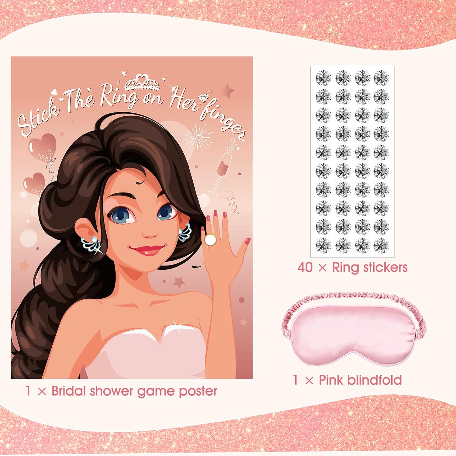 42 Pcs Pin The Ring On The Bride Bridal Shower Bachelorette Party Night Party Games Pin Game With Rose Gold Bridal Poster Ring Stickers Blindfold For Women Wedding Engagement