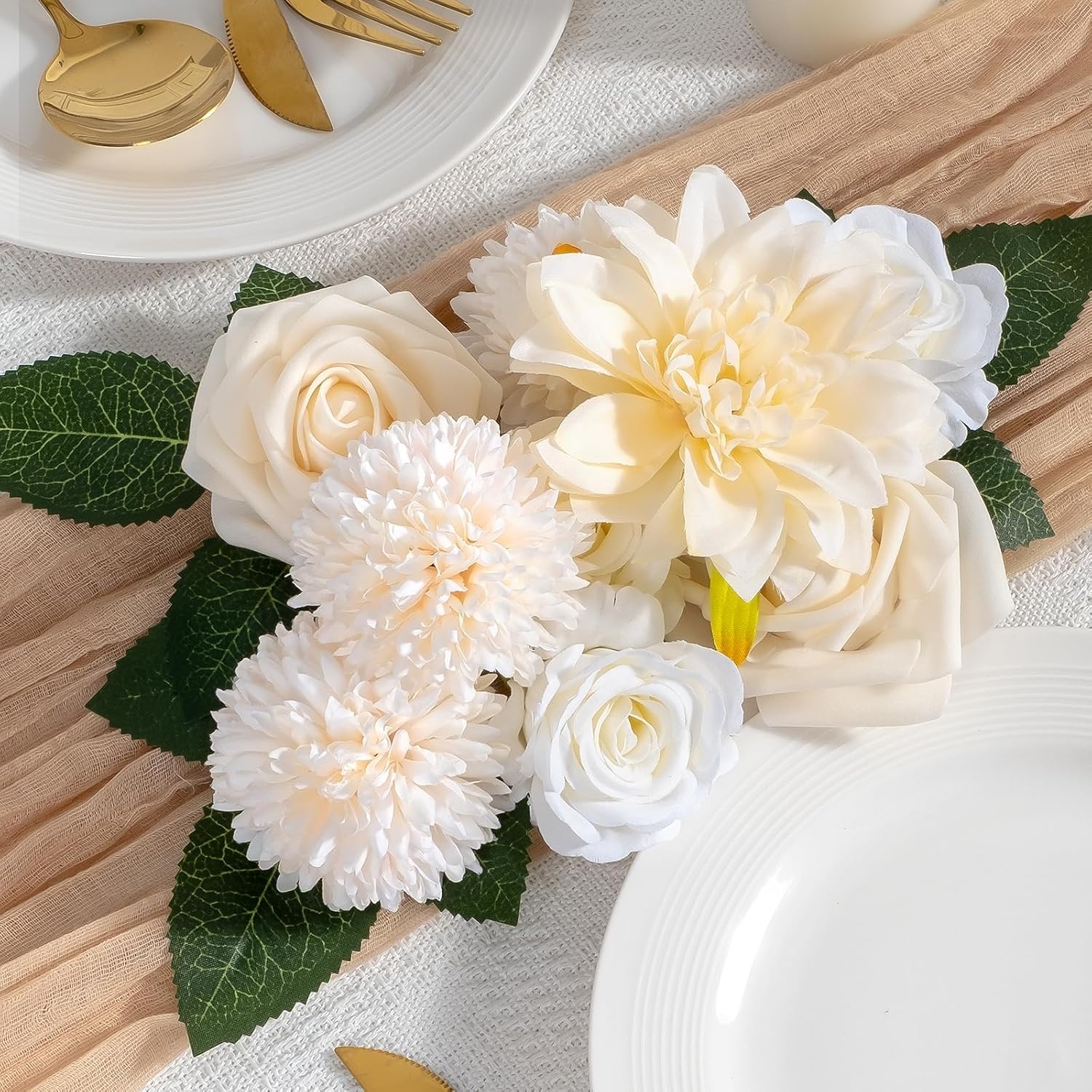 White Flower Artificial Roses Faux Flowers With Stems Mix Fake Roses Dahlia Chrysanthemum Ball For Wedding Bridal Bouquets, Table Centerpieces, Baby Shower, Party, Home Decorations