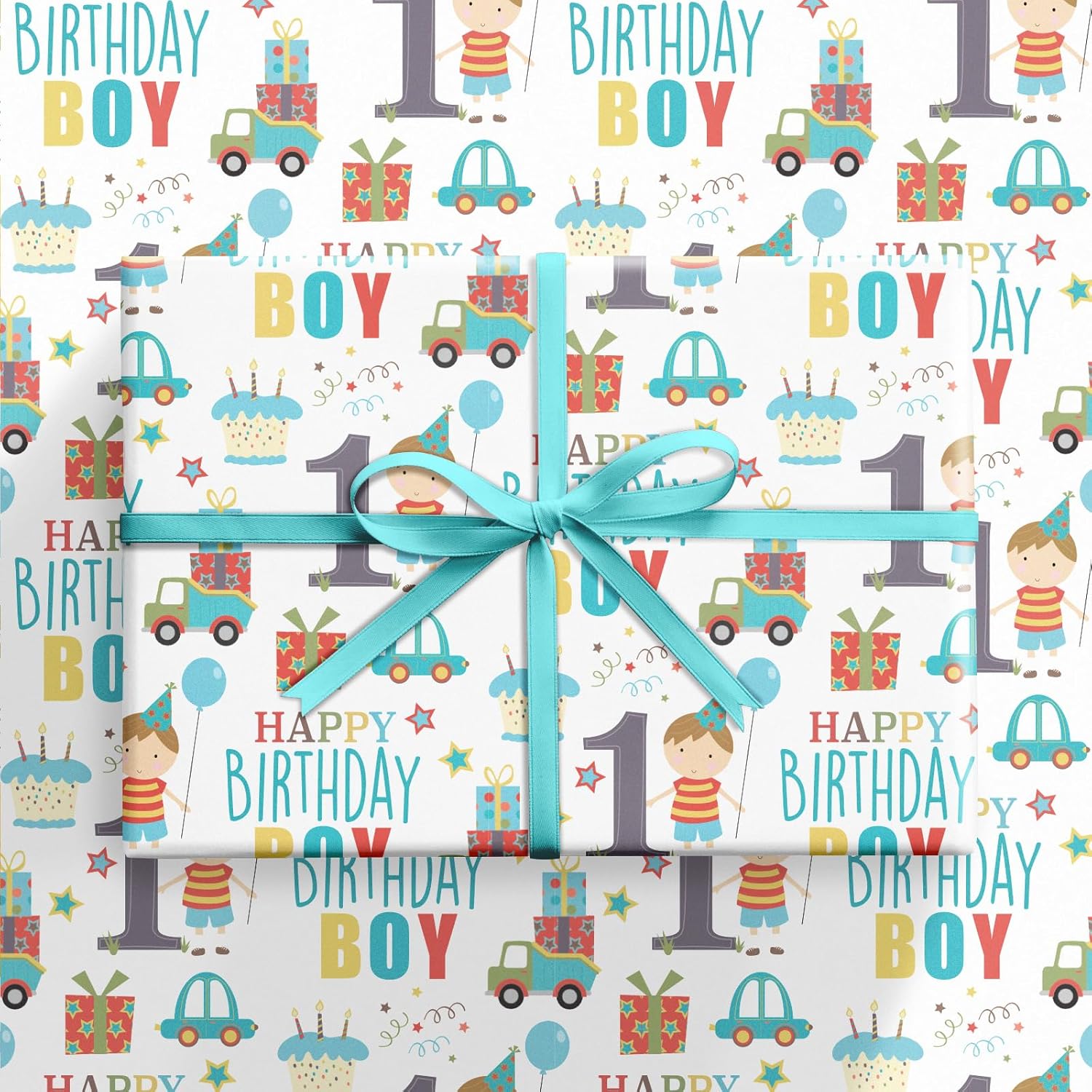 Happy 1St Birthday Wrapping Paper Roll For Boys, Mini Roll, Blue Cute Boy, Gift, Car And Cake Pattern Gift Wrap Paper For Birthday Party And More, 17 Inches X 16.4 Feet, 1 Year Old