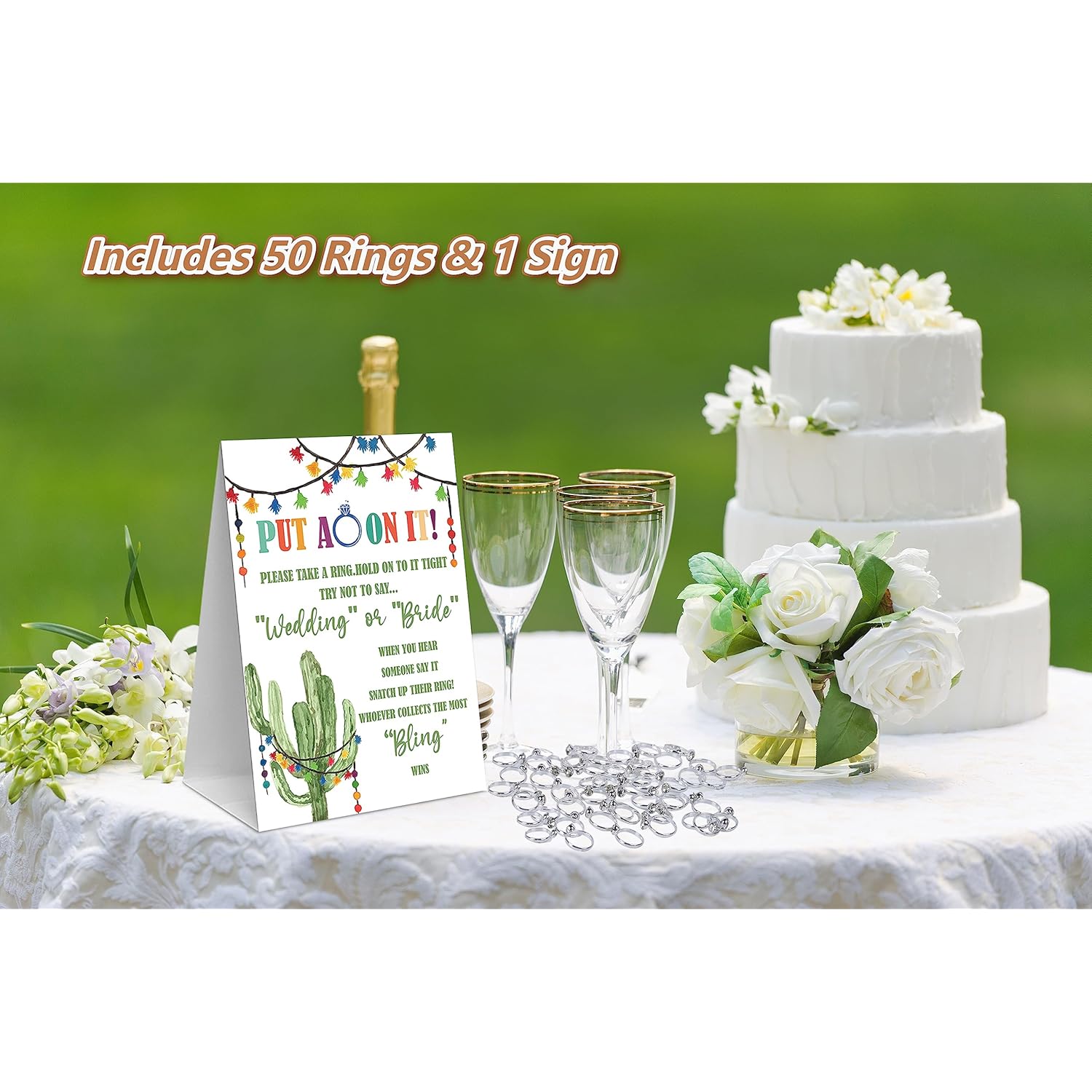 Fiesta Bridal Shower Theme Decorations,Put A Ring On It Game,Don'T Say Bride Games,Bridal Shower Games,Wedding Shower,Engagement Party Games(1 Sign And 50 Plastic Diamond Rings)-6