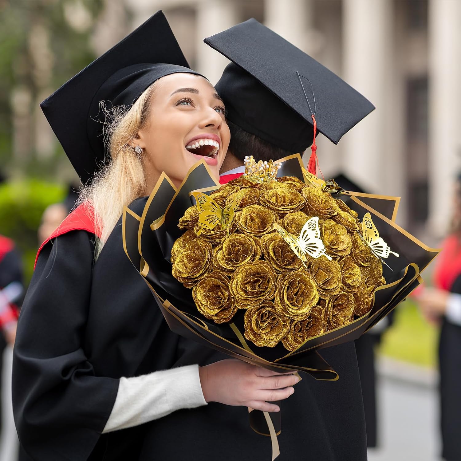 Diy Glitter Roses Bouquet Kit Gold- 24 Fake Shiny Flowers With Stems Butterfly Crown Eternal Floral For Graduation Handmade Wedding Bouquet Anniversary Birthday Gift, Mother'S Day Gifts For Her