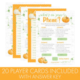 Orange Little Pumpkin Baby Shower Games, Phone Hunt And Word Scramble 2 Game Bundle - 20 Cards, Little Pumpkin Gender Reveal