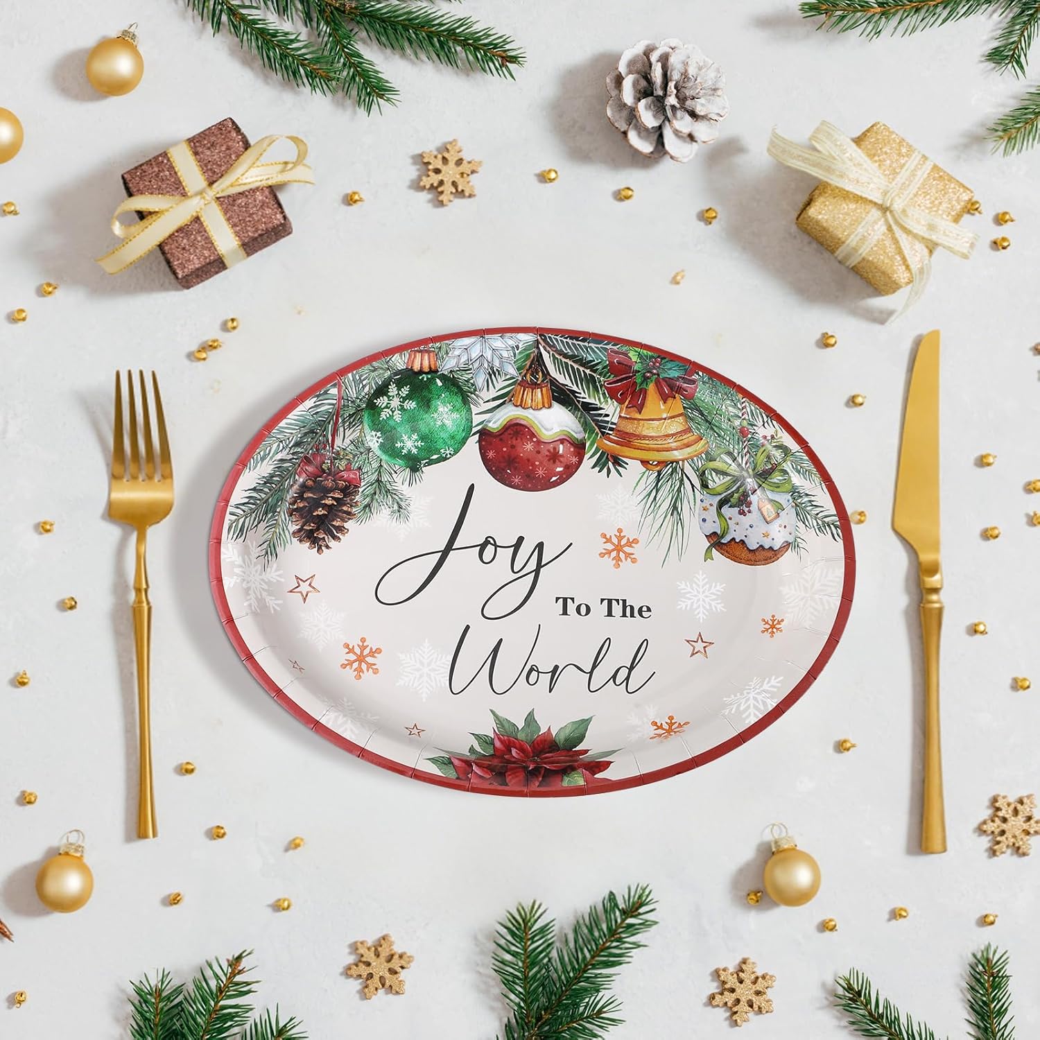 50 Pcs Christmas Oval Paper Plates 11'' Disposable Joy To The World Paper Plates Xmas Balls Tableware Large Christmas Snowflake Decorations For Winter Picnic Tea Party Supplies