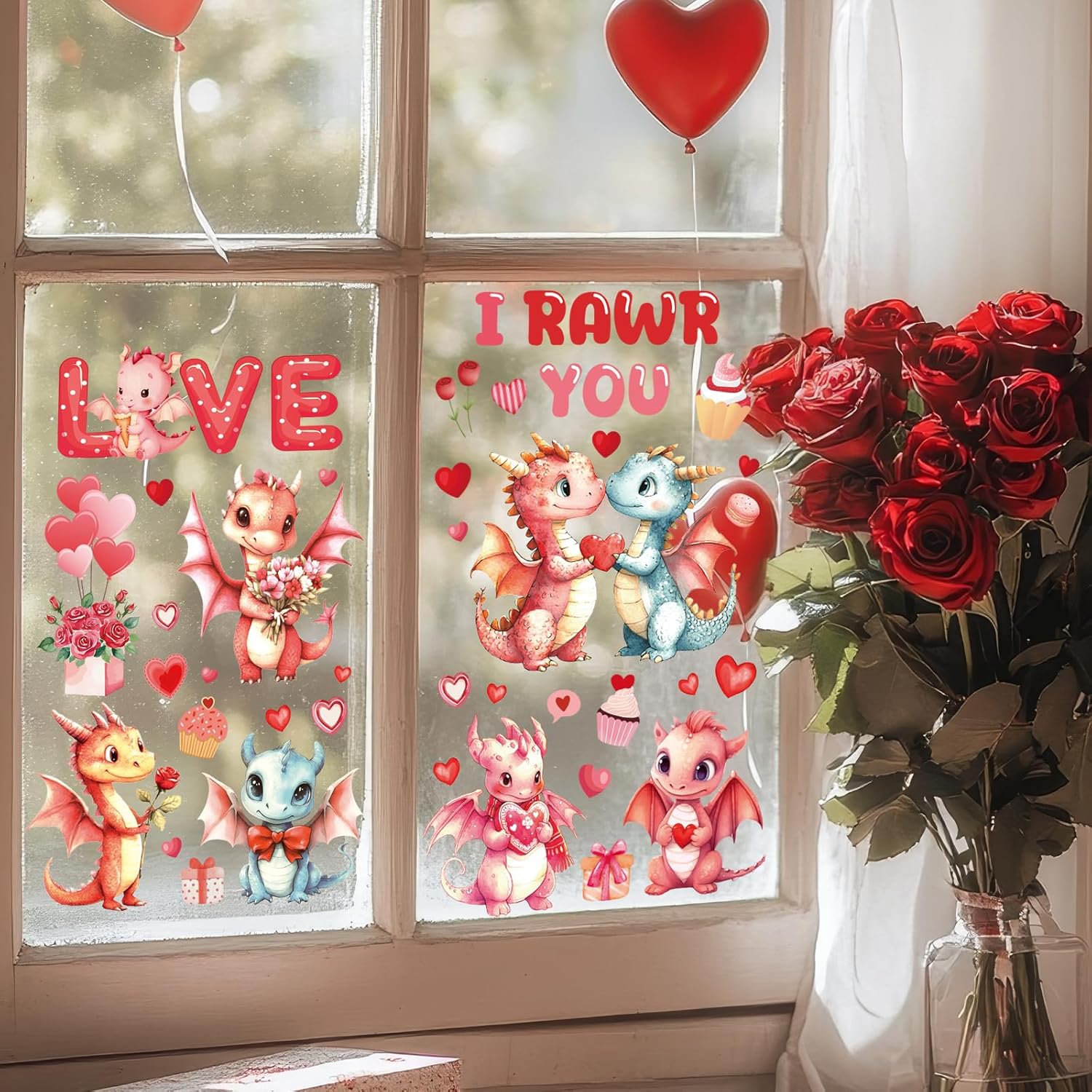 Valentine Day Window Clings - 9 Sheets Cute Dinosaur Heart Window Stickers For Home Party Decoration, I Rawr You Love Romantic Fantasy Static Clings Decals For School Holiday Party Supplies