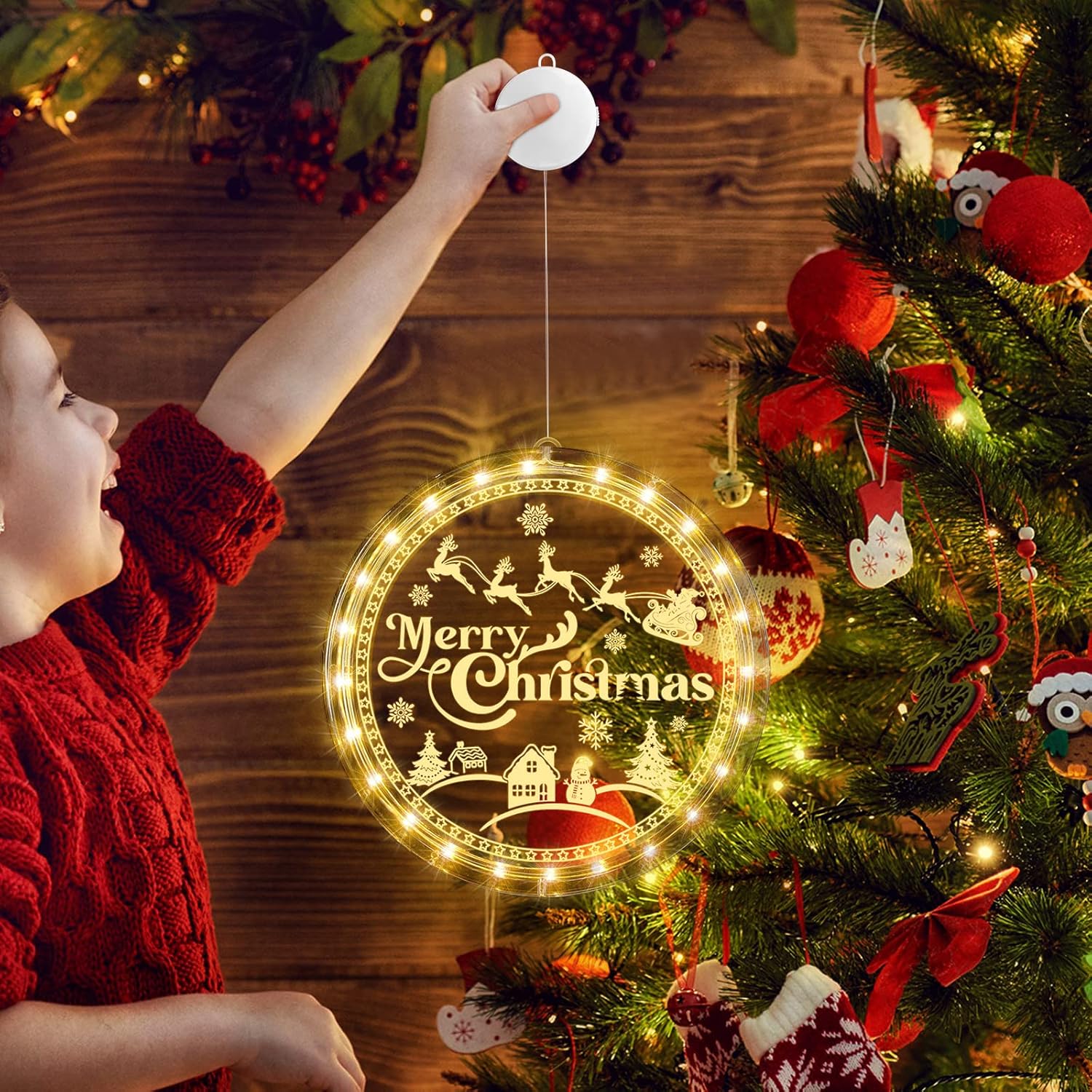 Merry Christmas Window Light Decorations Xmas Led Decorative Window Battery Operated 3D Acrylic Hanging Light With Sucti