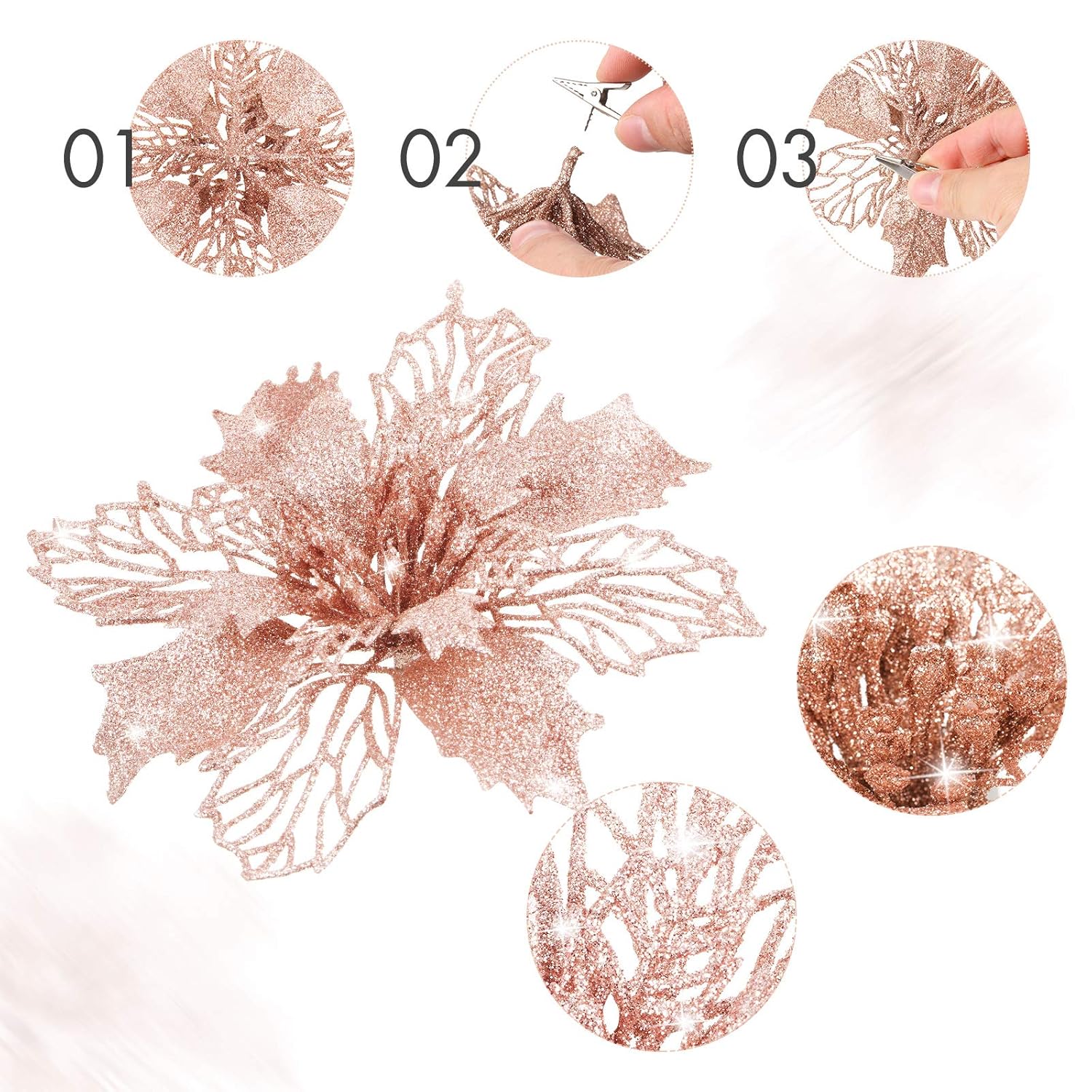 36 Pieces Rose Gold Christmas Poinsettia Flowers With Clips Glitter Christmas Tree Ornaments For Tree Artificial Poinsettia Flowers For Xmas Trees Wreath New Year Decoration