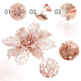 36 Pieces Rose Gold Christmas Poinsettia Flowers With Clips Glitter Christmas Tree Ornaments For Tree Artificial Poinsettia Flowers For Xmas Trees Wreath New Year Decoration