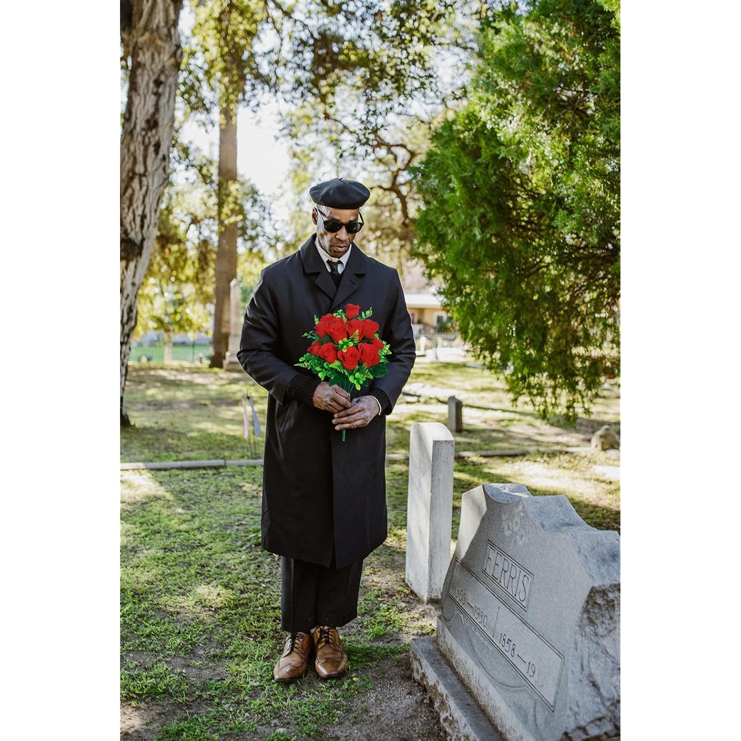Artificial Cemetery Flowers,2 Sets Artificial Rose Flowers With Vase,Memorial Flowers Bouquet For Cemetery,Outdoor Grave Headstones Decoration(Red)