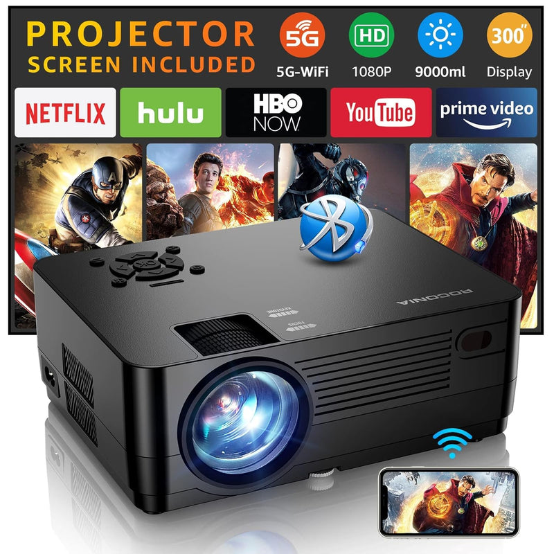 5G Wifi Bluetooth Native 1080P Projector[Projector Screen Included], 12000Lm F