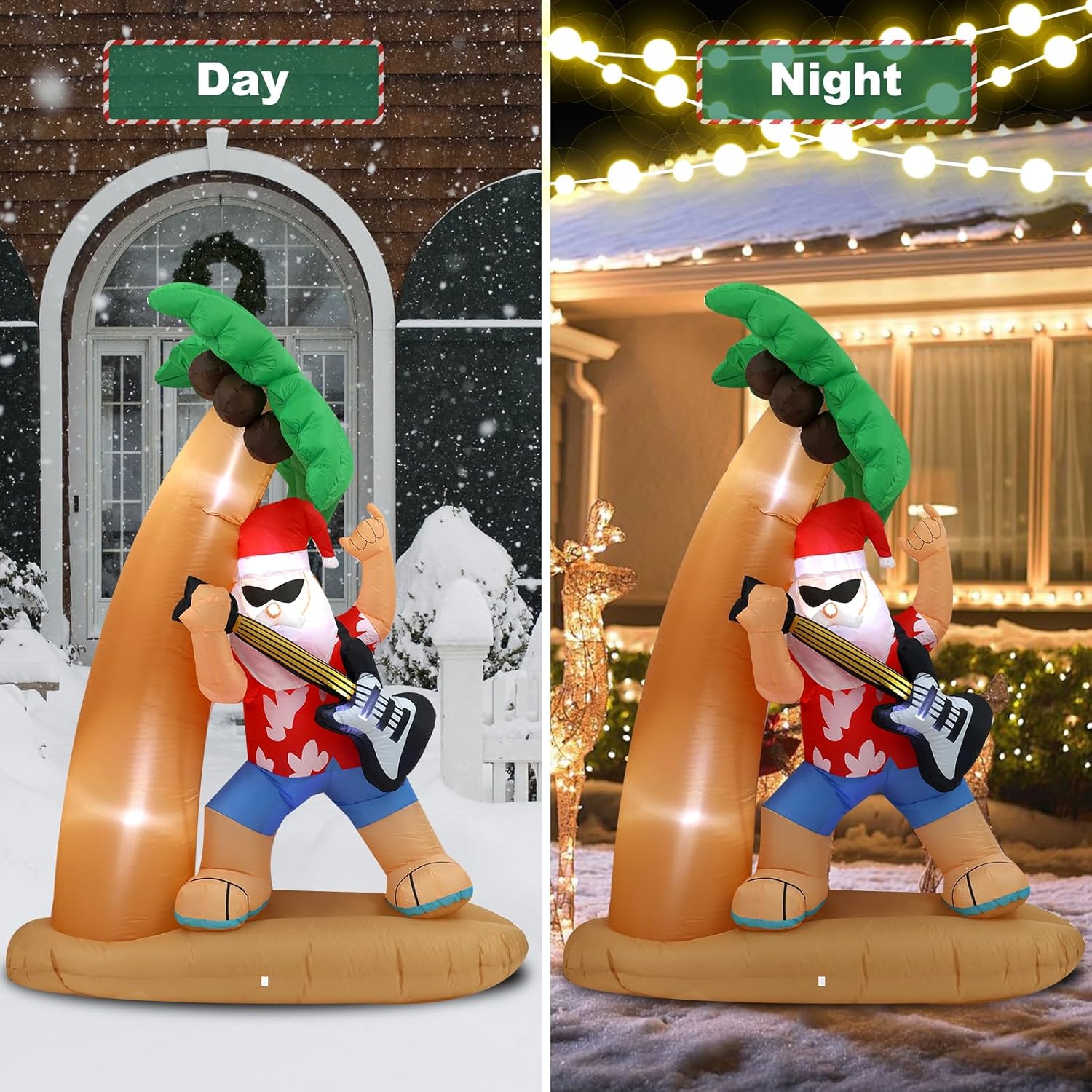 7Ft Santa Claus Playing Guitar Under Coconut Tree Christmas Inflatable Decoration With Led Lights, Suitable For Holiday