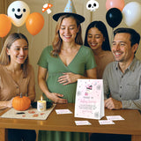 Halloween Baby Shower Games, Pumpkin Measure The Baby Bump Sign + 50 Tickets, Pink Ghost Gender Reveal Party Game Cards For Announcement Supplies - A03