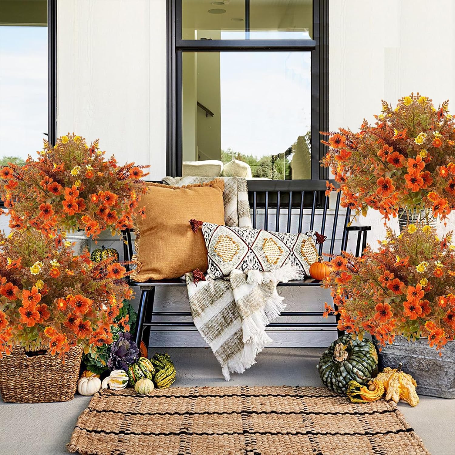 64Pcs Fall Artificial Flowers Outdoor Uv Resistant Faux Plastic Autumn Plants No Fade Fall Orange Mums For Home Outside Garden Window Box Wedding Party Fall Decor