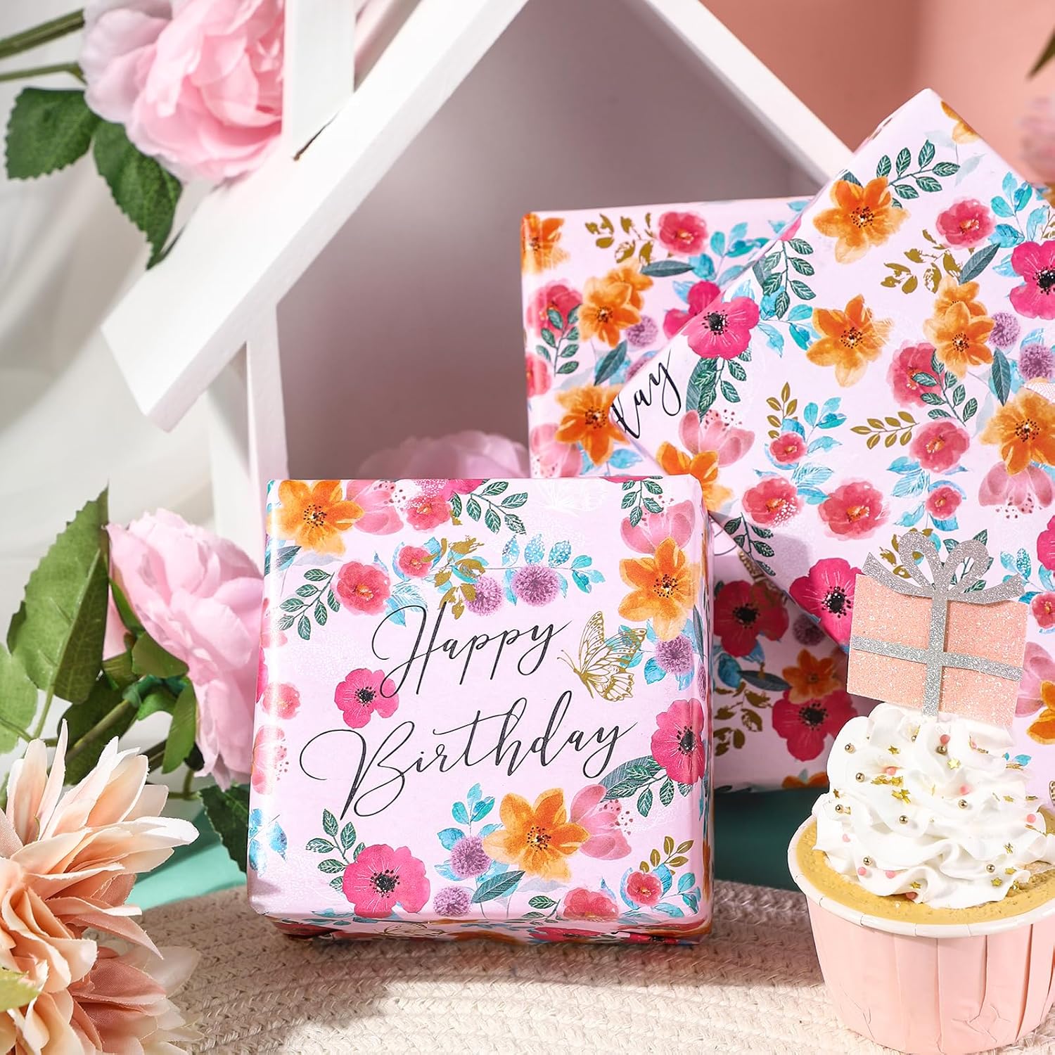 Happy Birthday Wrapping Paper Roll For Girls Women, Pink Floral & Butterfly, Birthday Party Gift Wrap For Girl, Women, Female, Mini Roll, 17 In X 32.8 Ft