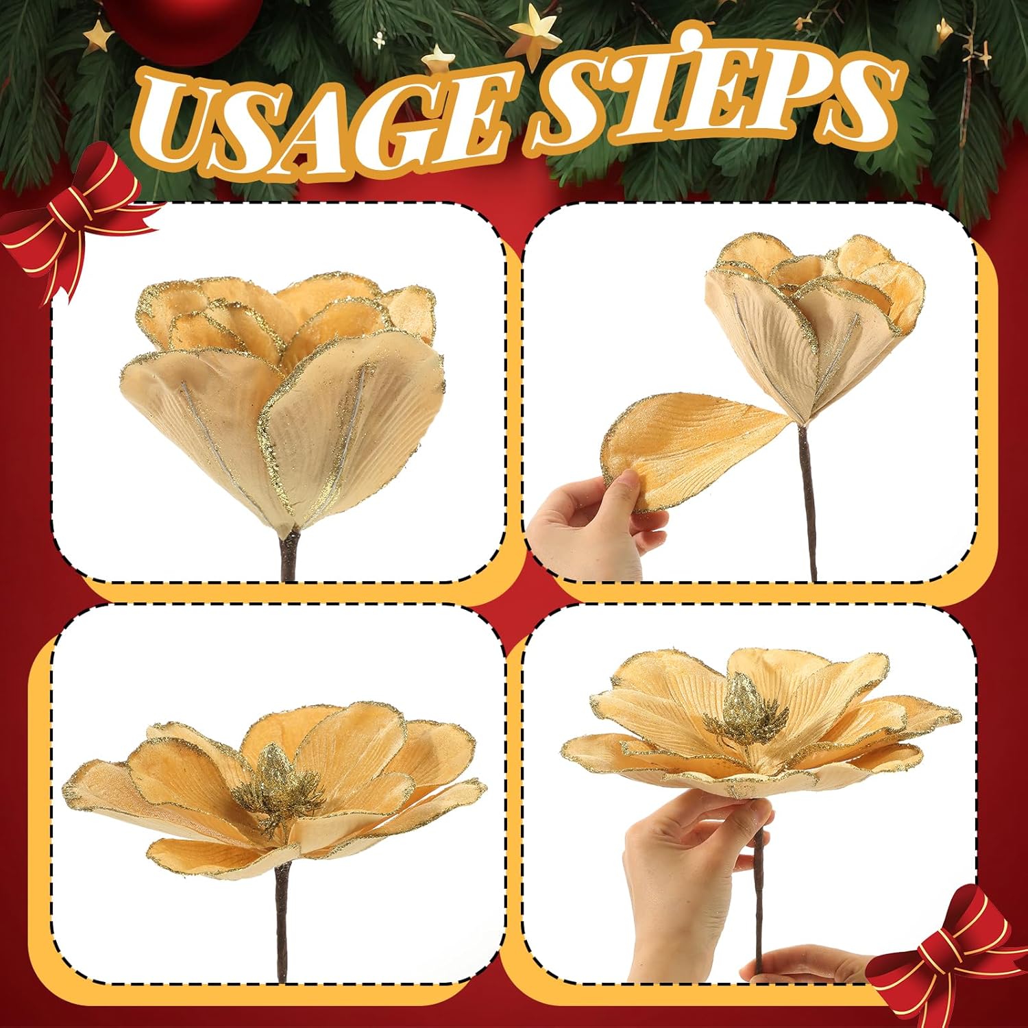 15 Pcs Christmas Magnolia Flowers Ornaments 3.15'' 5.91'' 8.27'' Large Artificial Magnolia Velvet Fold Poinsettia Stems For Christmas Tree Wreath Holiday Decor(Gold)