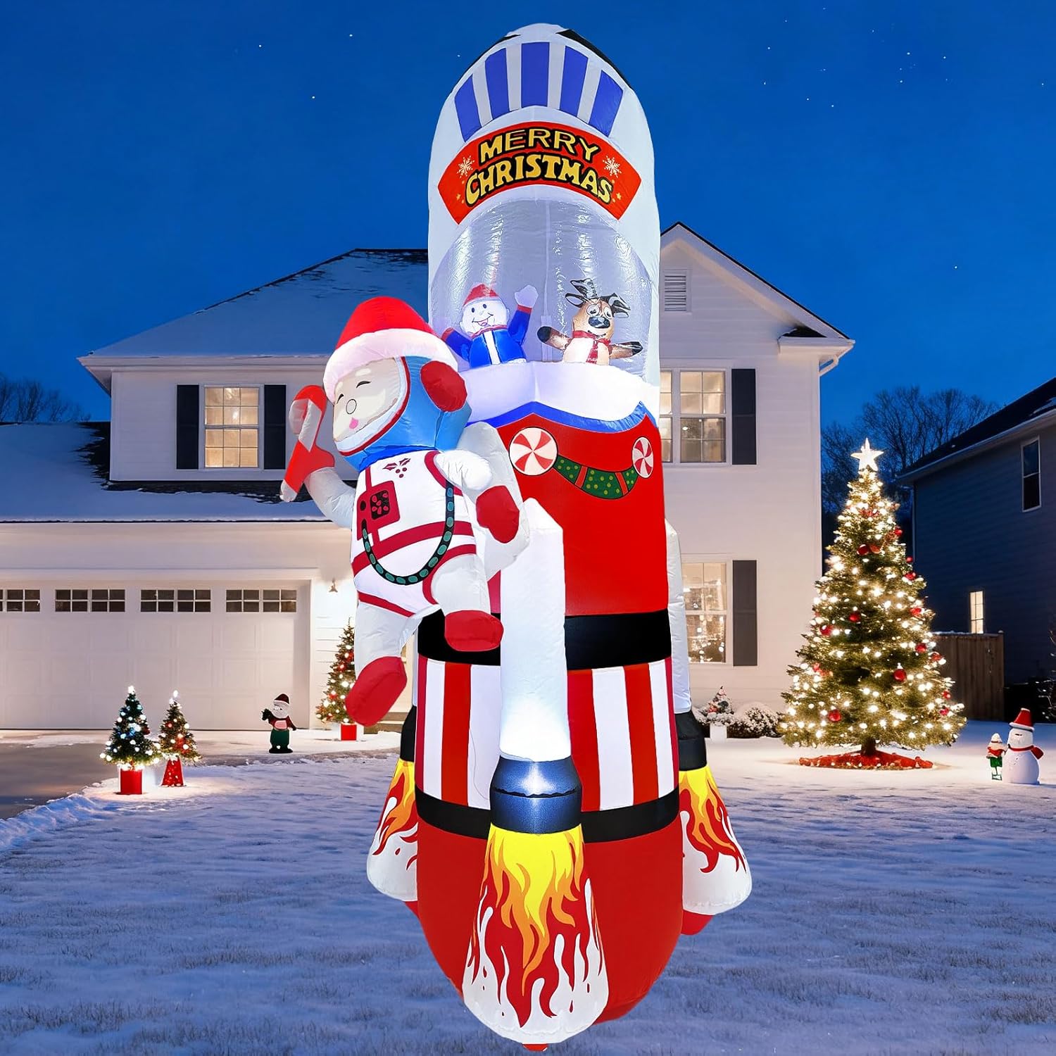 8Ft Christmas Inflatables Christmas Decorations Outdoor, Blow Up Santa Claus Snowman Reindeer Rocket Yard Decoration Bui