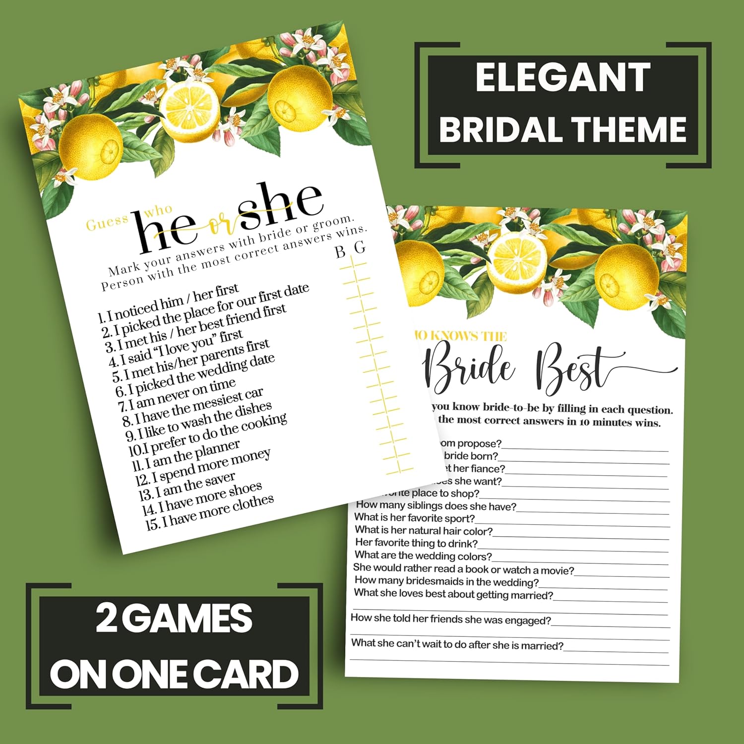 Lemon Bridal Shower Games - Bundle Includes He Said Or She Said & Who Knows The Bride Best - 25 Double-Sided Cards - Fun Ideas For Engagement Parties & Rehearsal Dinners - Main Squeeze Design