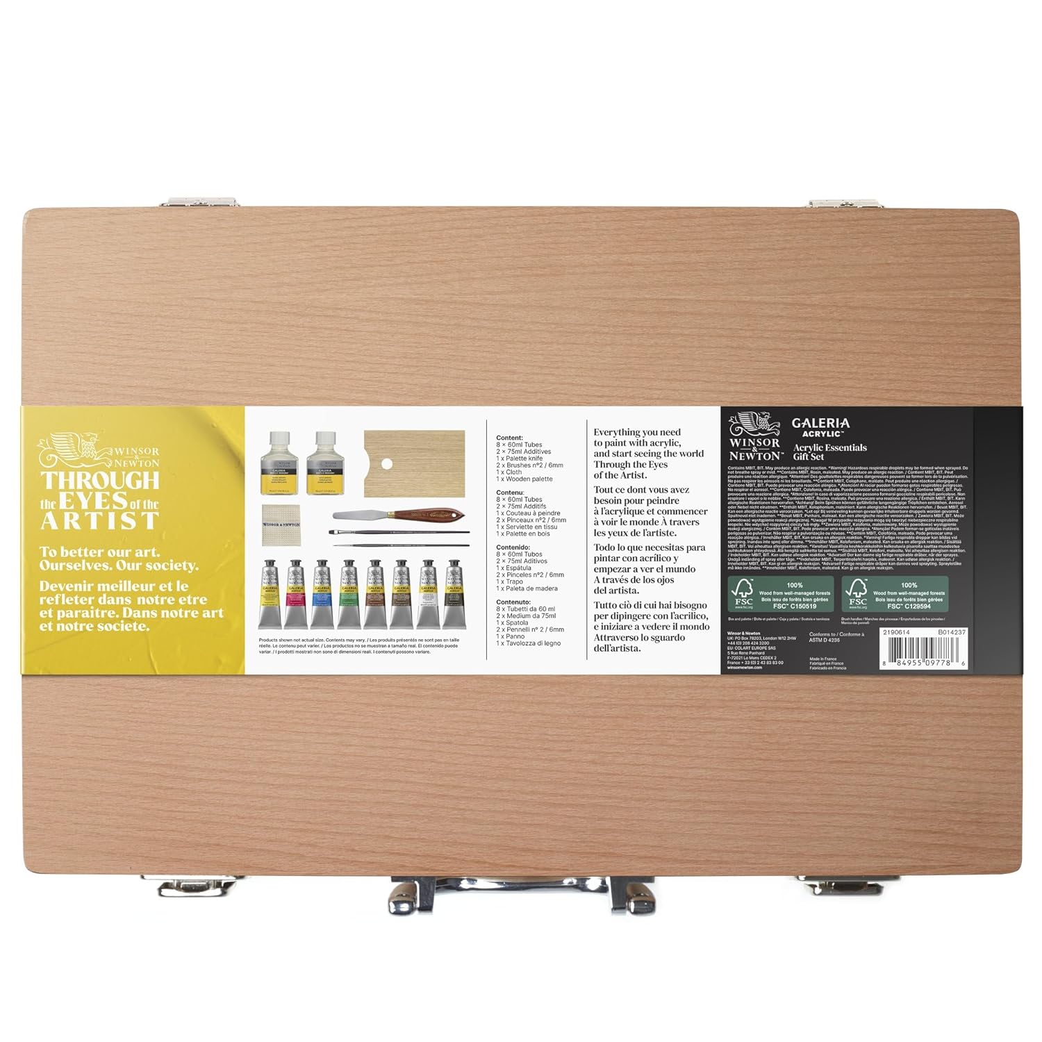 Winsor & Newton Galeria Acrylic Paint, Wooden Set 8 x 60ml Tubes (includes 2 Brushes, 2 Varnishes, Knife, Cloth)