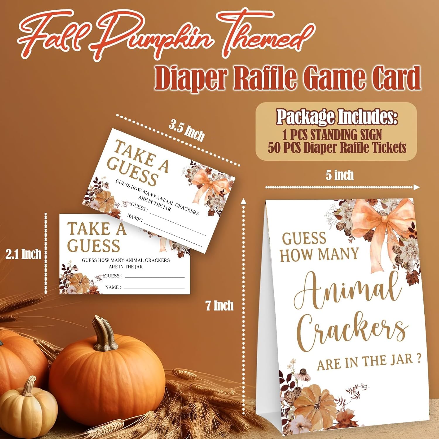 Bow Guess How Many Animal Crackers - Thanksgiving Baby Shower Card Set (1 Sign With 50 Guess Cards), Fall Florals Gender Reveal Party Favor Supplies -A08