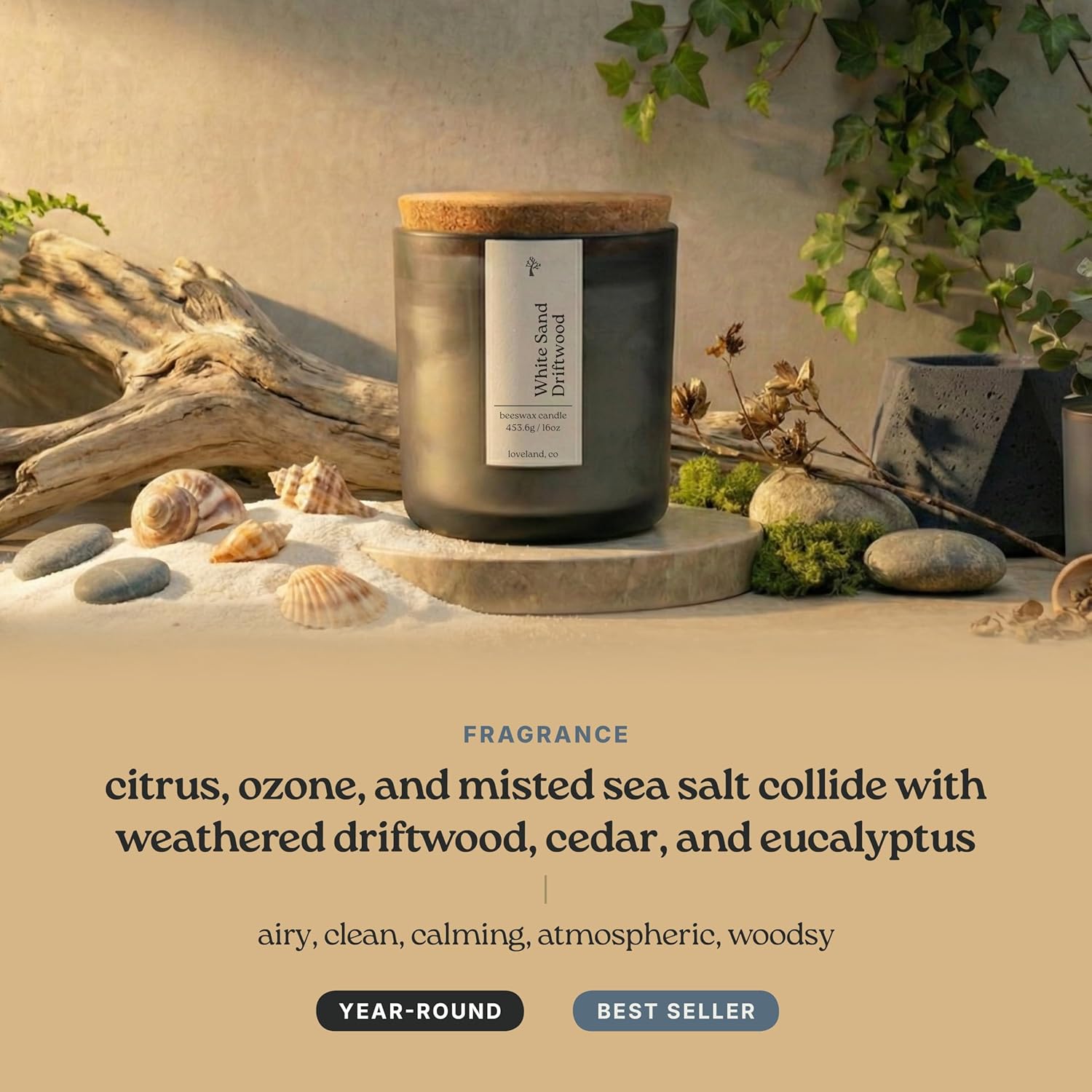 Luxury Beeswax Candle, 16Oz | Long Burning Pure Beeswax Candles, Non Toxic, Natural, Clean, Scented Organic Candles, Glass Jar, Cork Lid - White Sand Driftwood