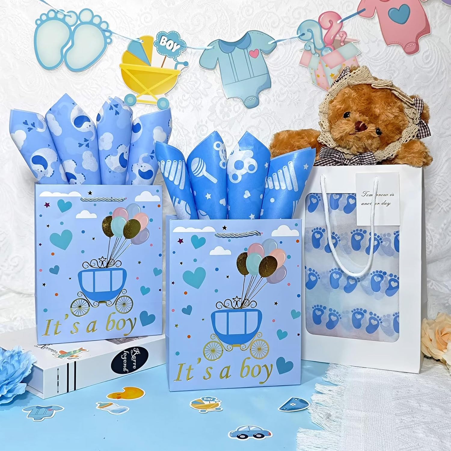 Baby Blue Tissue Paper 28X20 Inch, 30 Sheets Large Baby Boy Gift Wrap Tissue Paper For Gift Bag & Packaging, Cute Elephant Footprint Cloud Print Art Tissue For Baby Shower, Birthday, Anniversary Craft