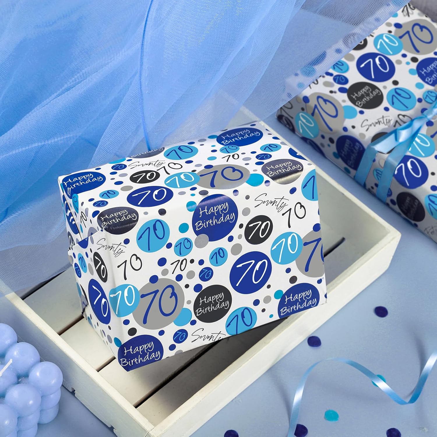 70Th Birthday Wrapping Paper Sheet - 6 Sheets Blue 70Th Bday Design Folded Flat For Birthday, Party, Baby Showers - 19.7 Inch X 27.5 Inch Per Sheet