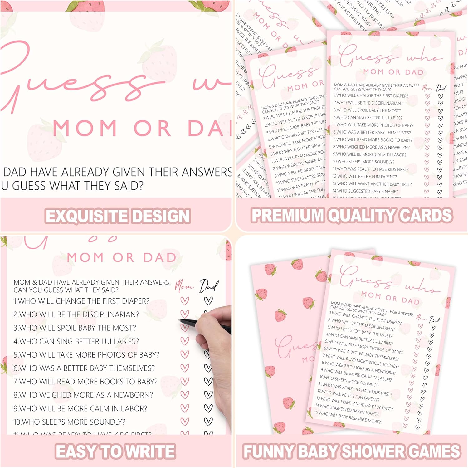 Baby Shower Games For Girl, Strawberry Guess Who Mom Or Dad, 25 Double-Sided Hilarious Baby Shower Games For Gender Reveal Party Decorations Supplies Announcement - E01
