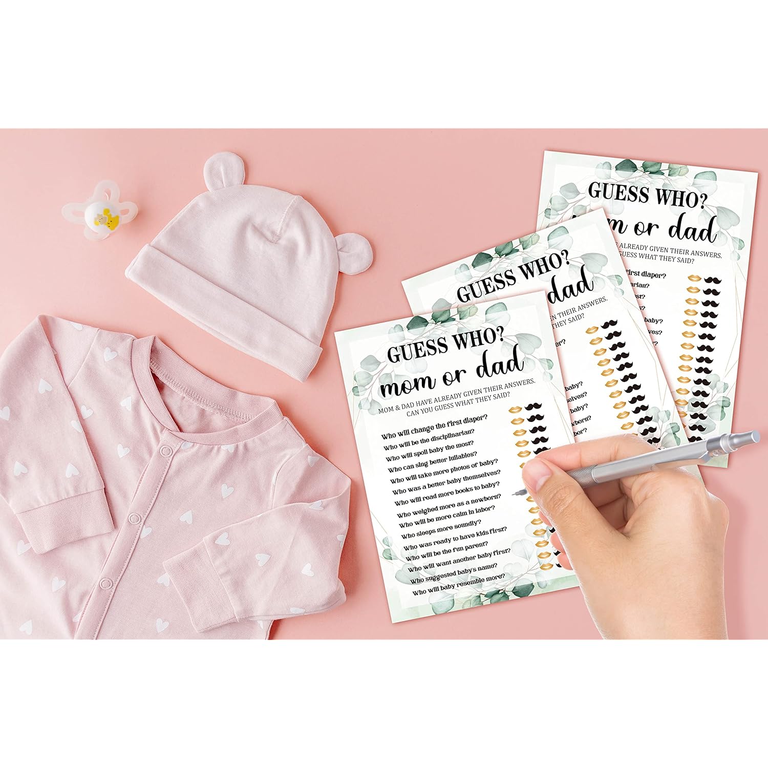 Baby Shower Game Set - Who Mom Or Dad Gender Reveal Party Decor Supply - Greenery Boho Botanical Baby Shower Games & Activities - Gold Foil Game Pack For Boys And Girls - 30 Game Cards(B04)