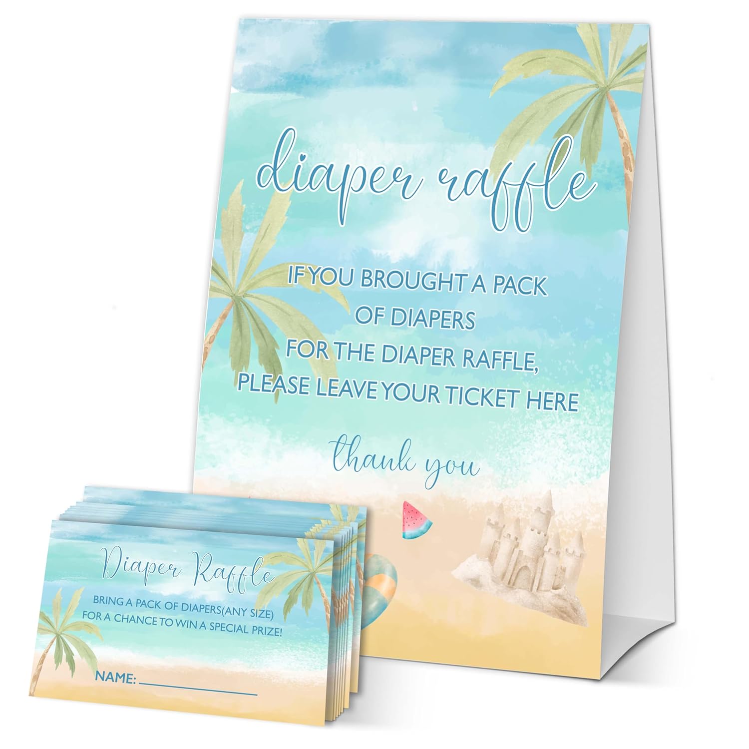 Summer Beach Baby Shower Games, Blue Ocean Diaper Raffle Tickets, Gender Reveal Party Decorations And Supplies, 1 Sign And 50 Cards Game Set-A09