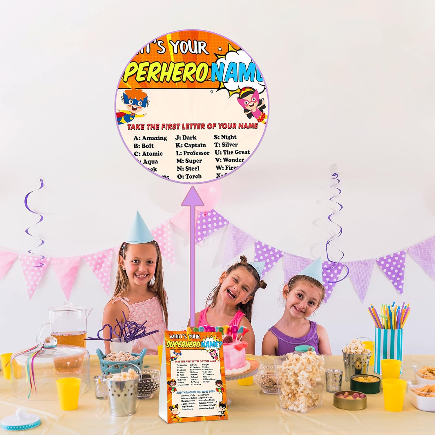 What'S Your Superhero Name Game - Super Hero Birthday Party Games For Boys - Family School Classroom Activity - 1 Standing Sign And 30 Stickers - Kids Superhero Party Supplies Decorations(10)