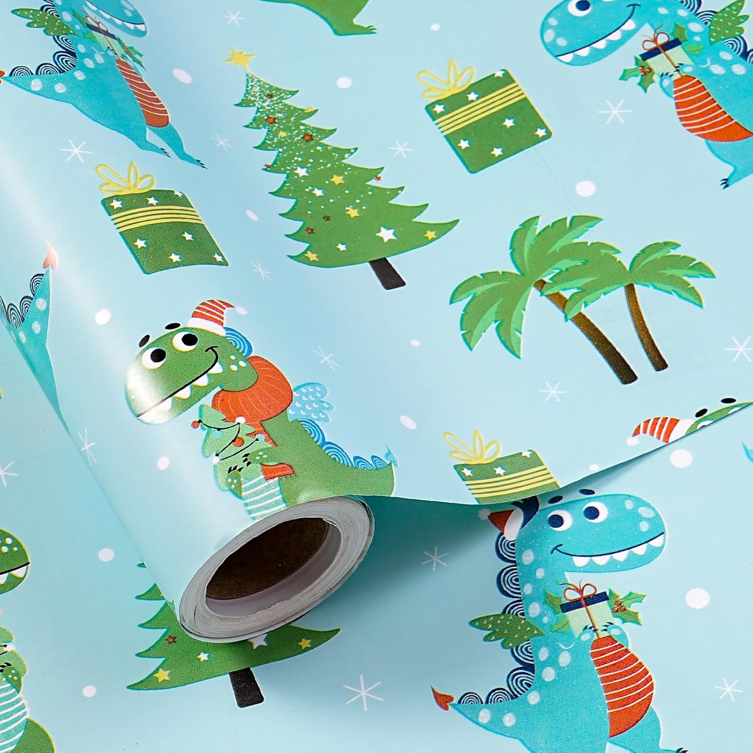 Christmas Dino Wrapping Paper Roll For Kids Boys, Cute Cartoon Dinosaur Gift Wrap With Presents Trees For Christmas Holiday, Party Decor, Mini Roll 17 In X 16.4 Feet