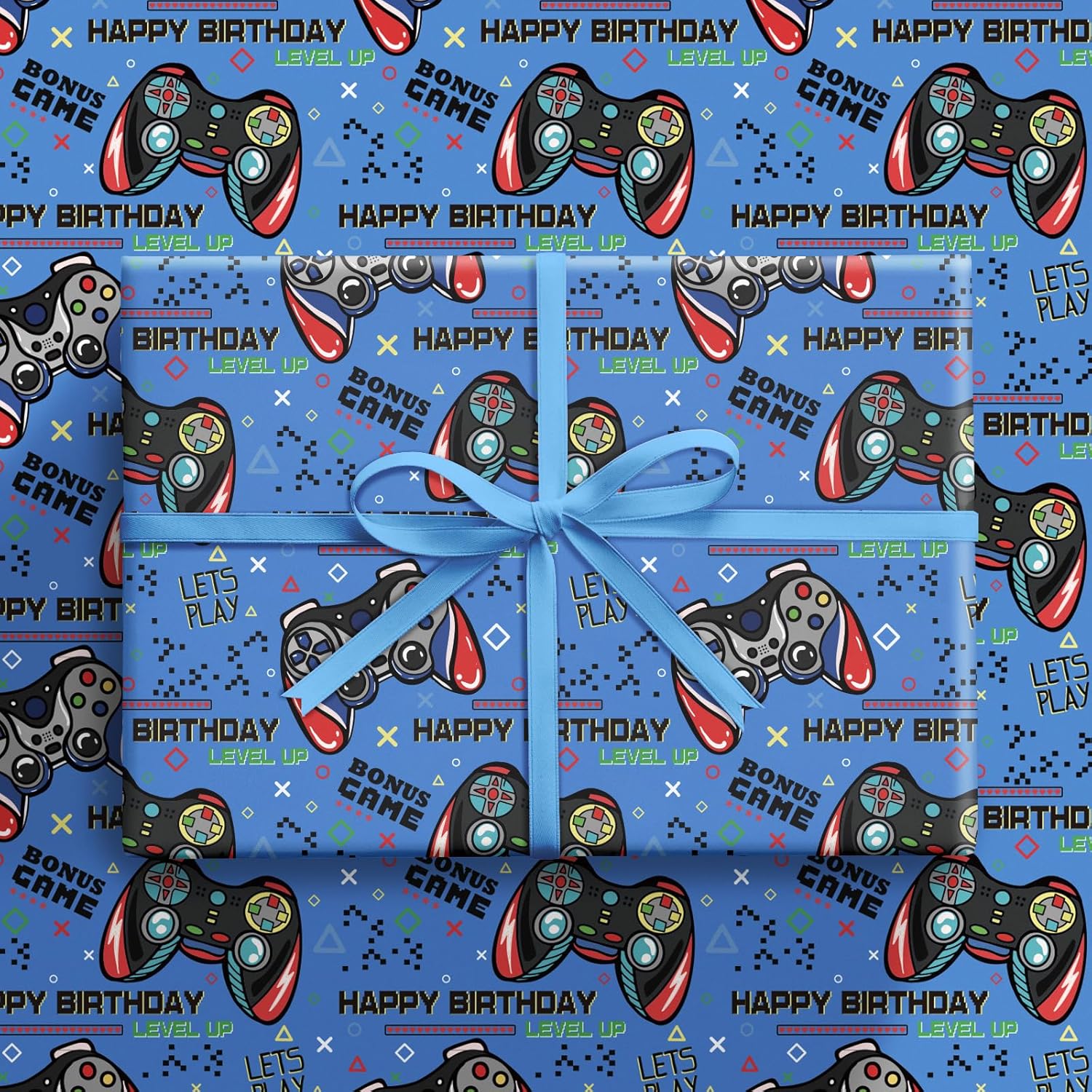 Video Game Birthday Wrapping Paper Roll For Boys, Mini Roll, Blue Game Controller Pattern And Gamer Text Gift Wrap Paper For Birthday, Game Party, Holiday, 17 Inches X 16.4 Feet