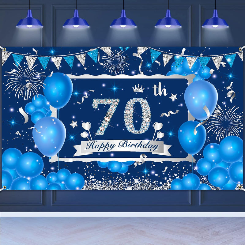 Blue 70Th Birthday Decorations Banner For Men Women, Navy Blue Silver