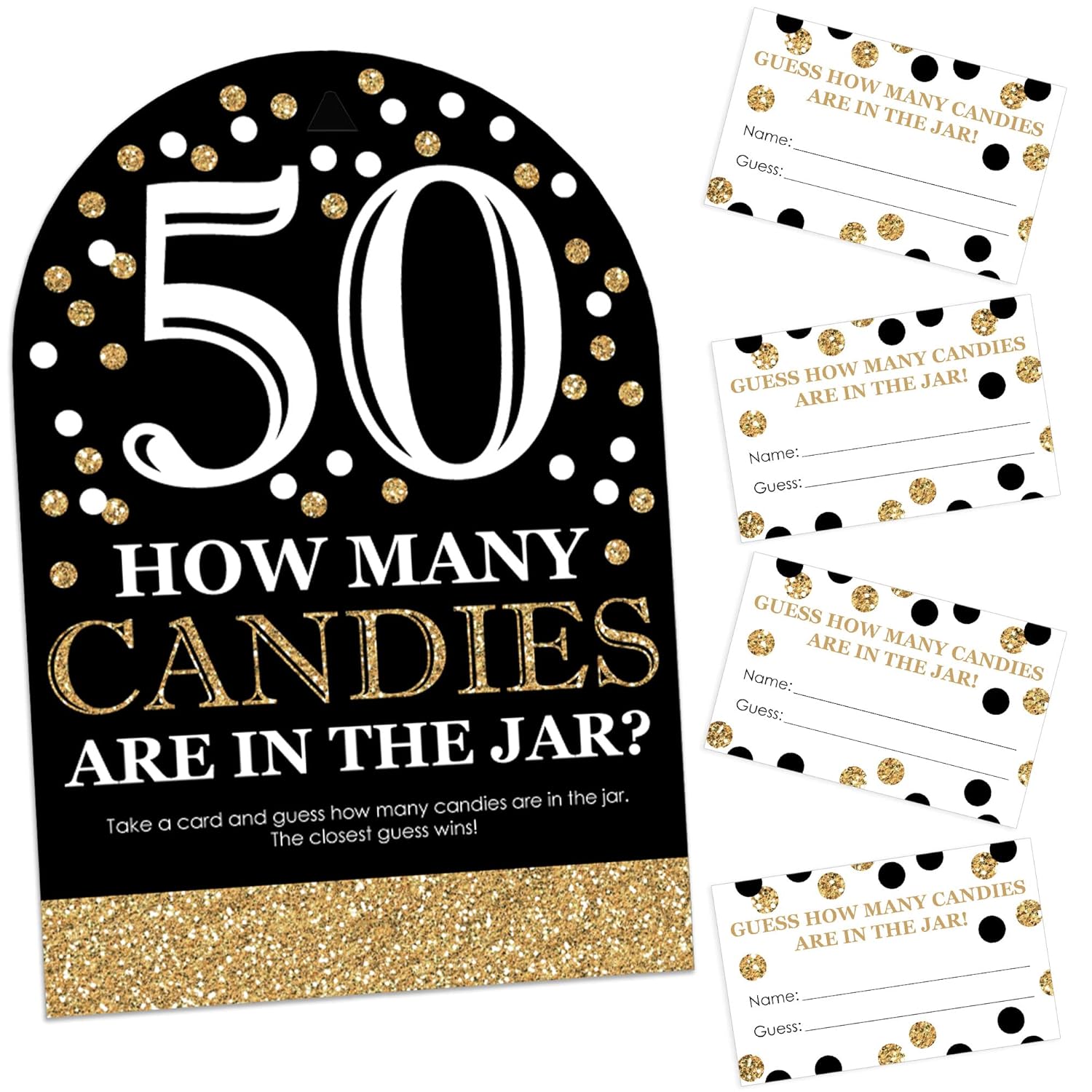 Big Dot of Happiness Adult 50th Birthday - Gold - How Many Candies Birthday Party Game - 1 Stand and 40 Cards - Candy Guessing Game