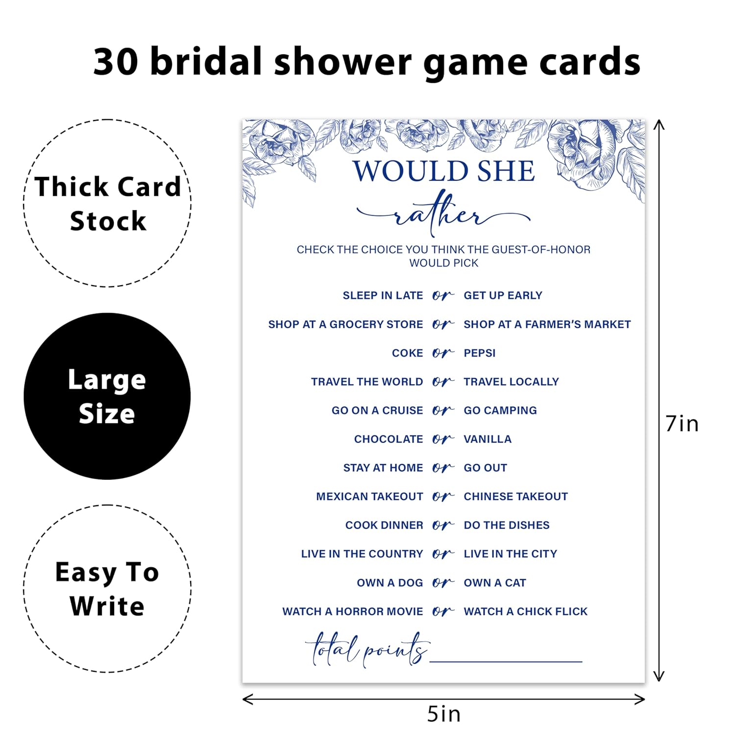 Blue Floral Bridal Shower Game Cards - Would She Rather, Wedding Engagement Bachelorette Party Bridal Shower Games For 30 Guests, Double Sided Cards Set Of 30, Activity Supplies & Favor/B07