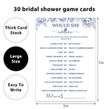 Blue Floral Bridal Shower Game Cards - Would She Rather, Wedding Engagement Bachelorette Party Bridal Shower Games For 30 Guests, Double Sided Cards Set Of 30, Activity Supplies & Favor/B07